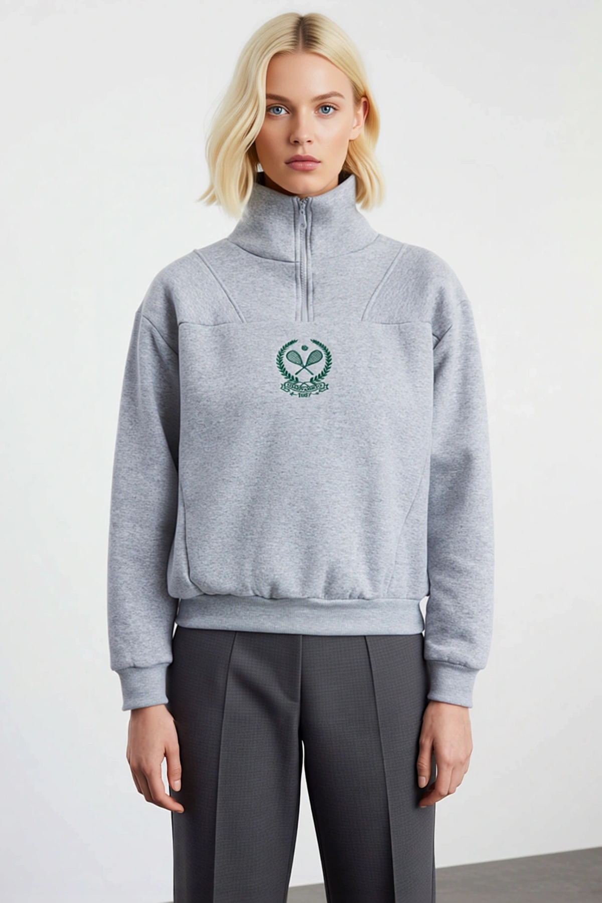 Kadın Dik Yaka Düşük Kol Fermuarlı Örme Sweatshirt Fonksiyonel Dayanıklı Kaliteli Konforlu