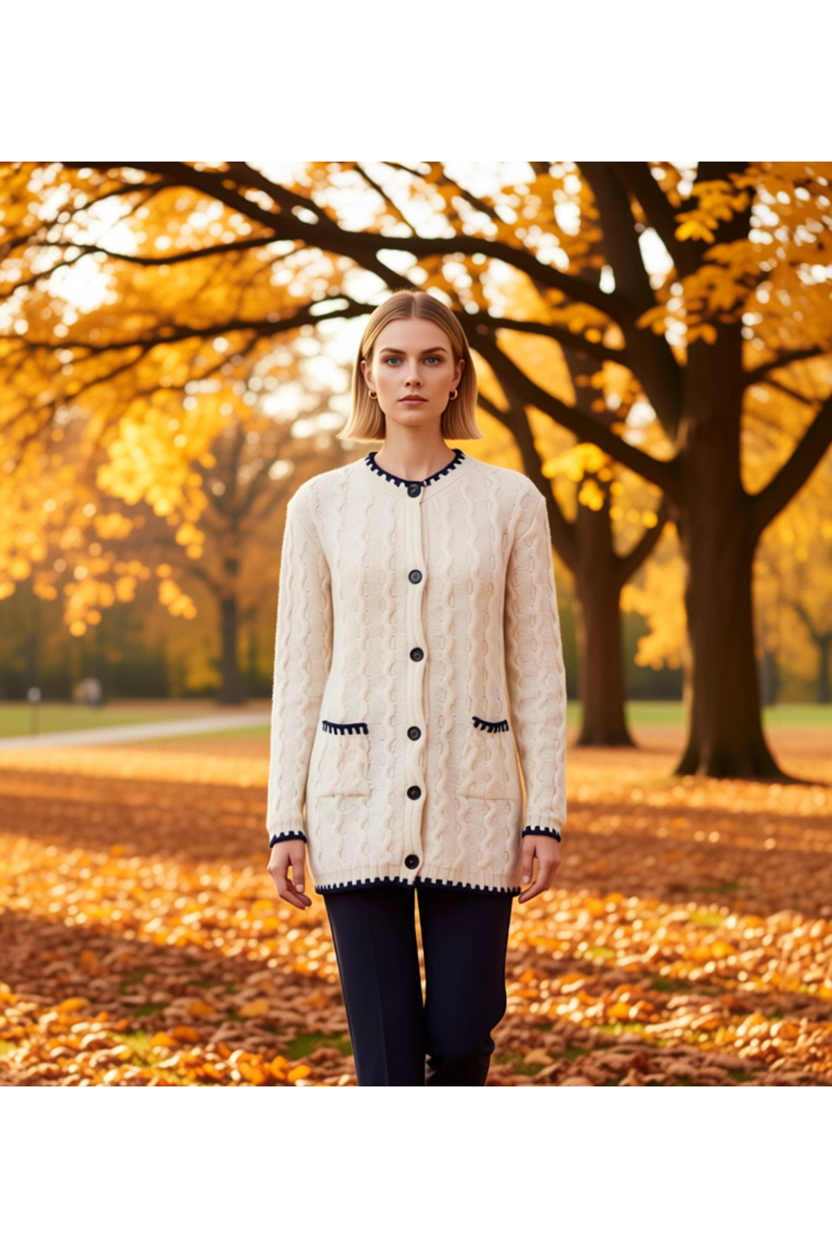 Alternative view of Kadın Saç Örgü Desenli Kontrast Detaylı Düğmeli Uzun Kollu Triko Hırka Rahat Kalıp Günlük Şıklık