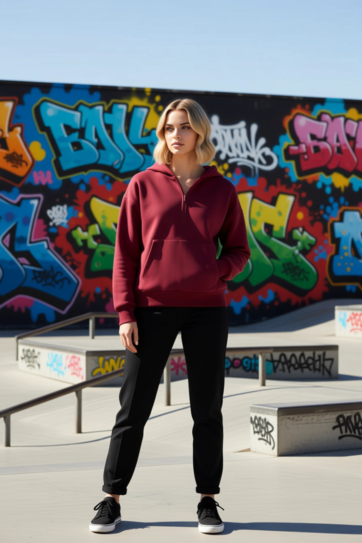 Kadın Kapüşonlu Düşük Kol Yarım Pat Fermuarlı Örme Sweatshirt Fonksiyonel Dayanıklı Modern
