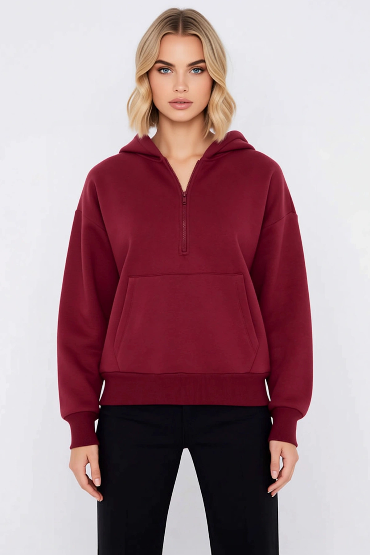 Kadın Kapüşonlu Düşük Kol Yarım Pat Fermuarlı Örme Sweatshirt Fonksiyonel Dayanıklı Modern