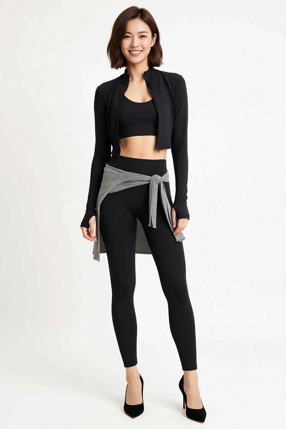 Kadın Büyük Beden Crop Spor Ceket Tayt Takım Dalgıç Kumaş Uzun Kollu Dik Yaka Fitted Kesim Günlük