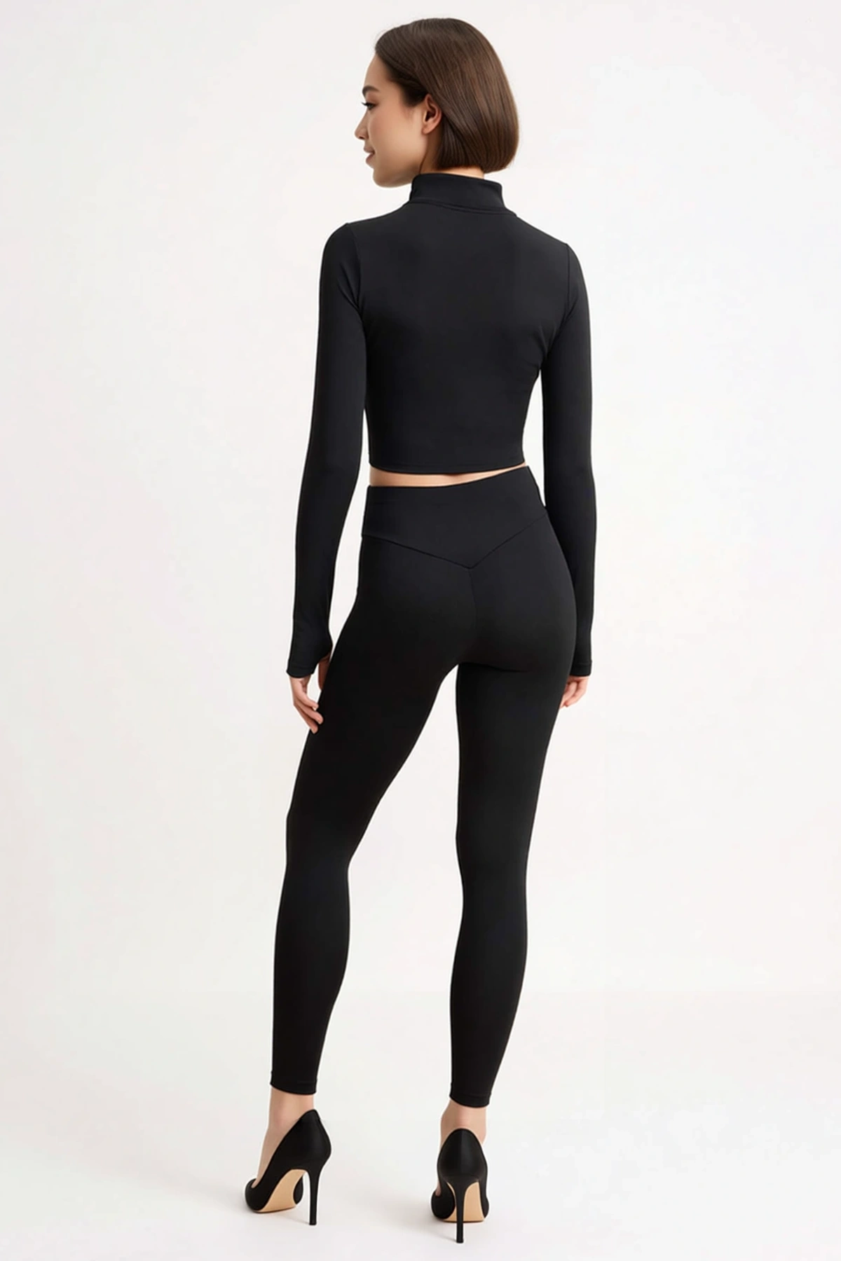 Kadın Büyük Beden Crop Spor Ceket Tayt Takım Dalgıç Kumaş Uzun Kollu Dik Yaka Fitted Kesim Günlük