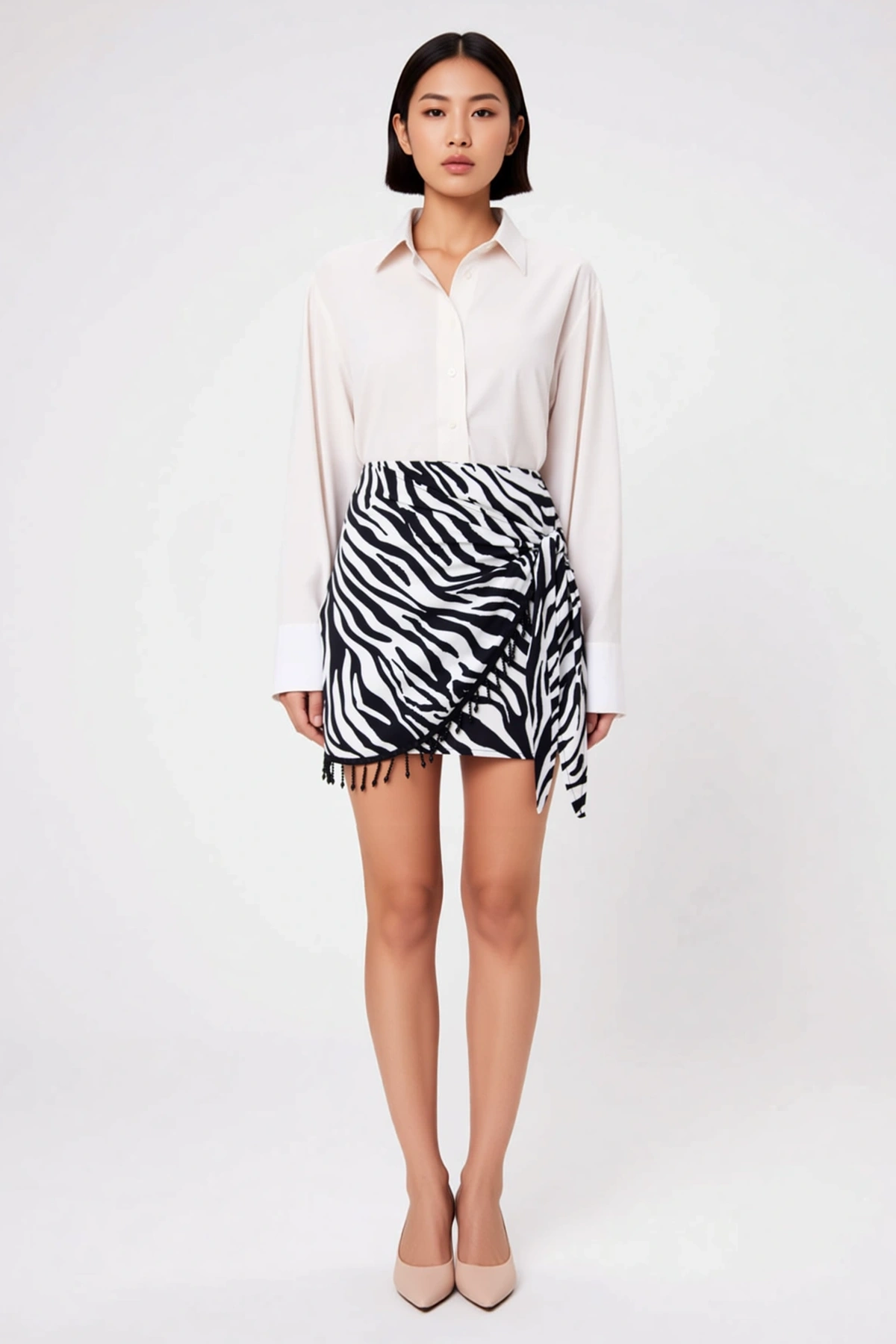 Kadın Mini Sarong Etek Zebra Desenli Boncuk Detaylı Anvelop Kapama Viskoz Dokuma Günlük Rahat Modern