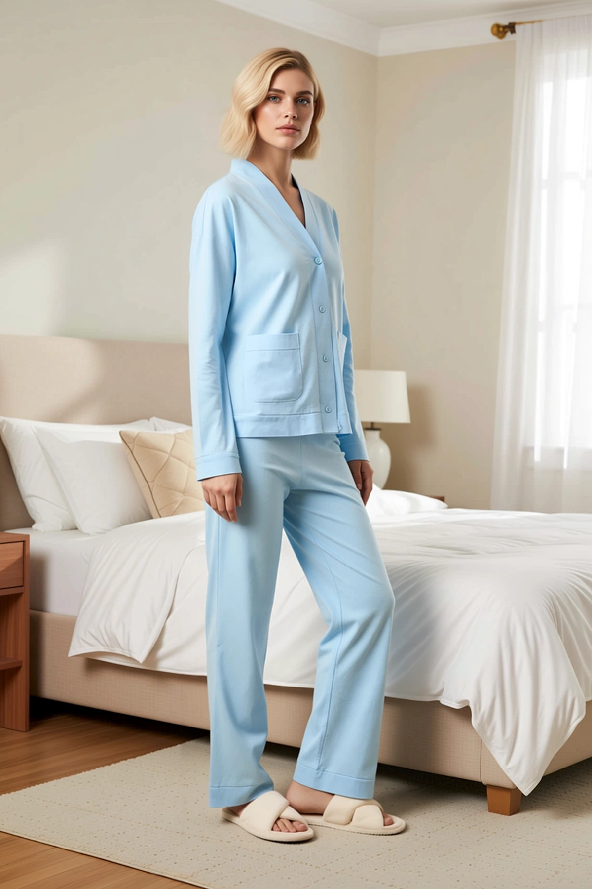 Kadın V Yaka Düşük Kol Uzun Kollu Relaxed Kalıp Örme Pijama Takımı Fonksiyonel Şık %100 Pamuk