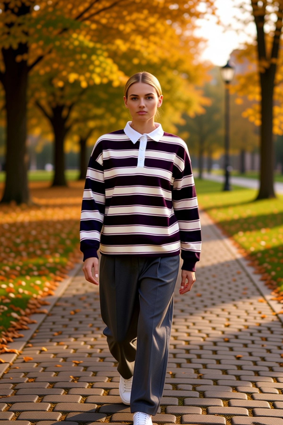 Kadın Polo Yaka Düşük Kol Oversize %100 Pamuk Çizgili Sweatshirt Fonksiyonel Dayanıklı Şık