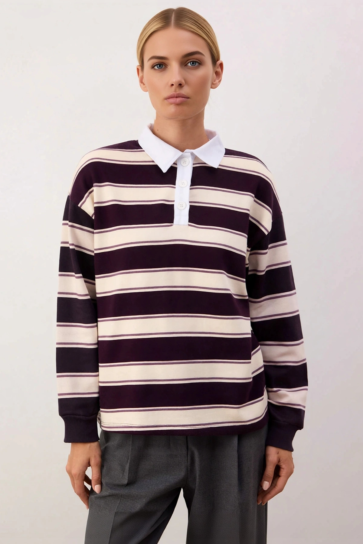 Kadın Polo Yaka Düşük Kol Oversize %100 Pamuk Çizgili Sweatshirt Fonksiyonel Dayanıklı Şık