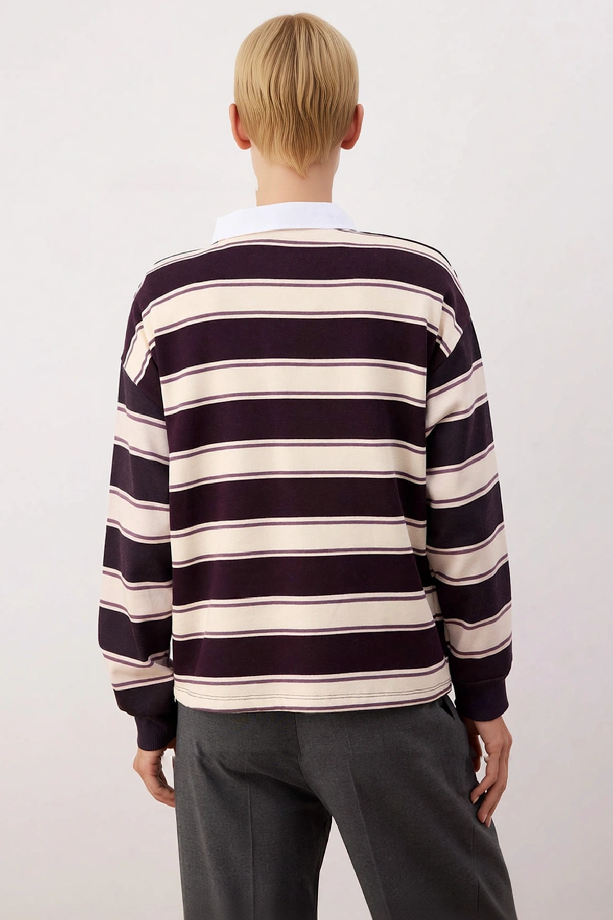Kadın Polo Yaka Düşük Kol Oversize %100 Pamuk Çizgili Sweatshirt Fonksiyonel Dayanıklı Şık