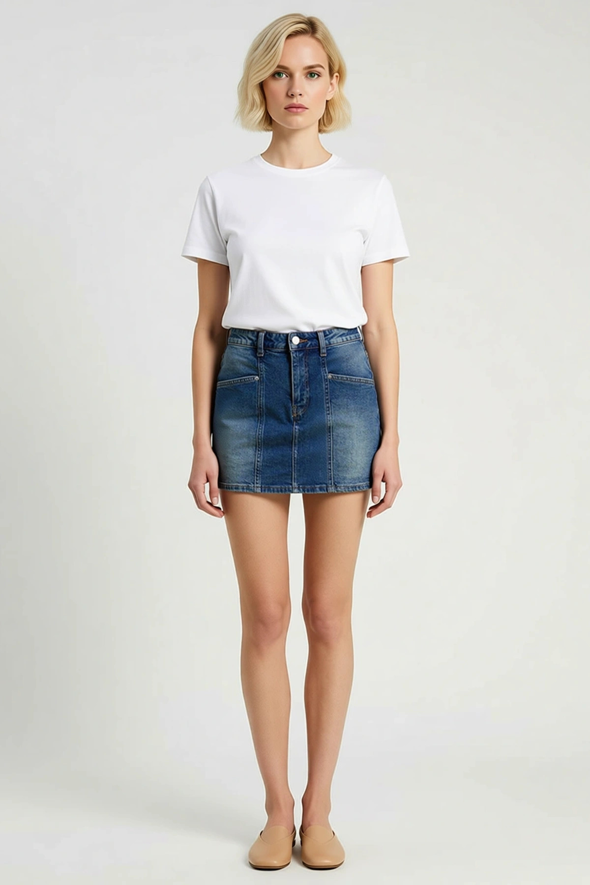 Kadın Şort Etek Yüksek Bel Kısa Düz Desen Az Esnek Denim Cep Detaylı Boru Paça Comfort Dokuma