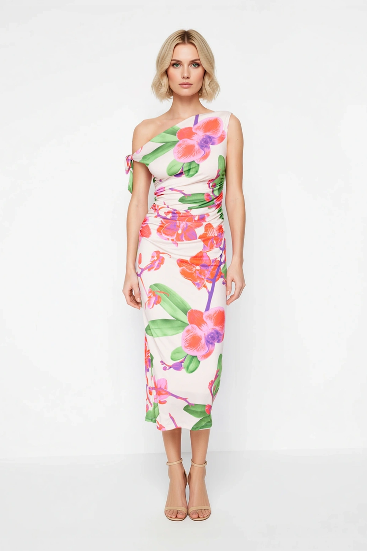 Kadın Büyük Beden Asimetrik Yaka Kolsuz Maxi Elbise Çiçek Baskılı Bodycon Kesim Günlük Rahat Modern