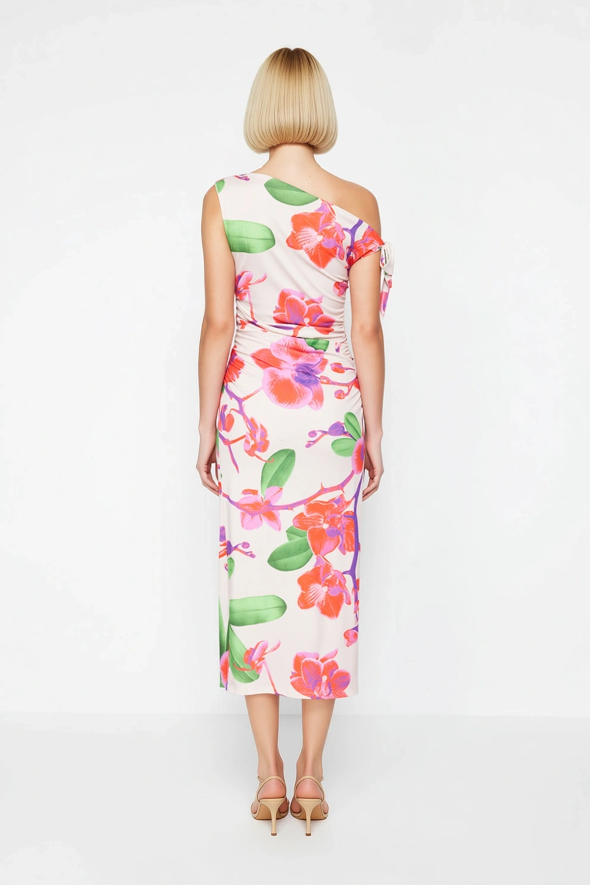 Kadın Büyük Beden Asimetrik Yaka Kolsuz Maxi Elbise Çiçek Baskılı Bodycon Kesim Günlük Rahat Modern