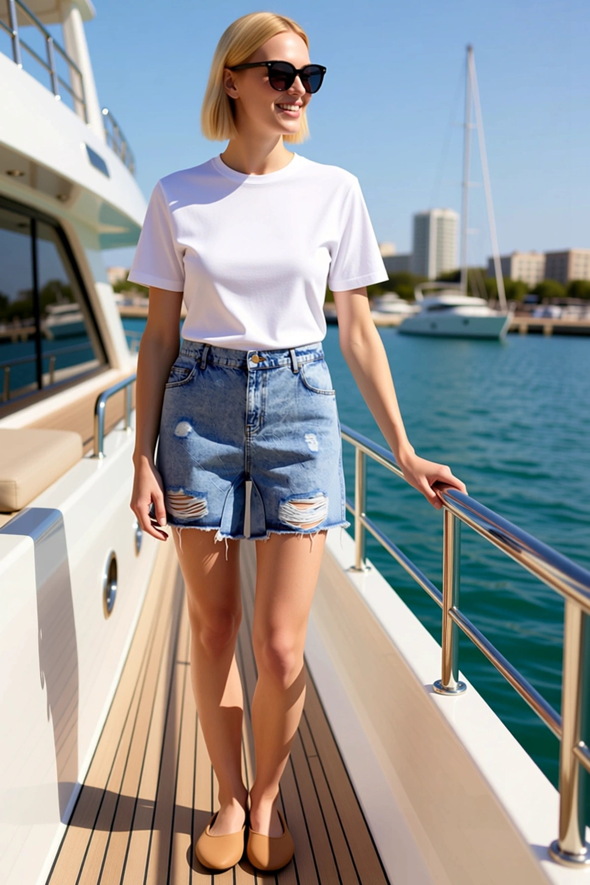 Kadın Mini Şort Yüksek Bel Yırtıklı Slim Kalıp Düz Desen Non Stretch Denim Dayanıklı
