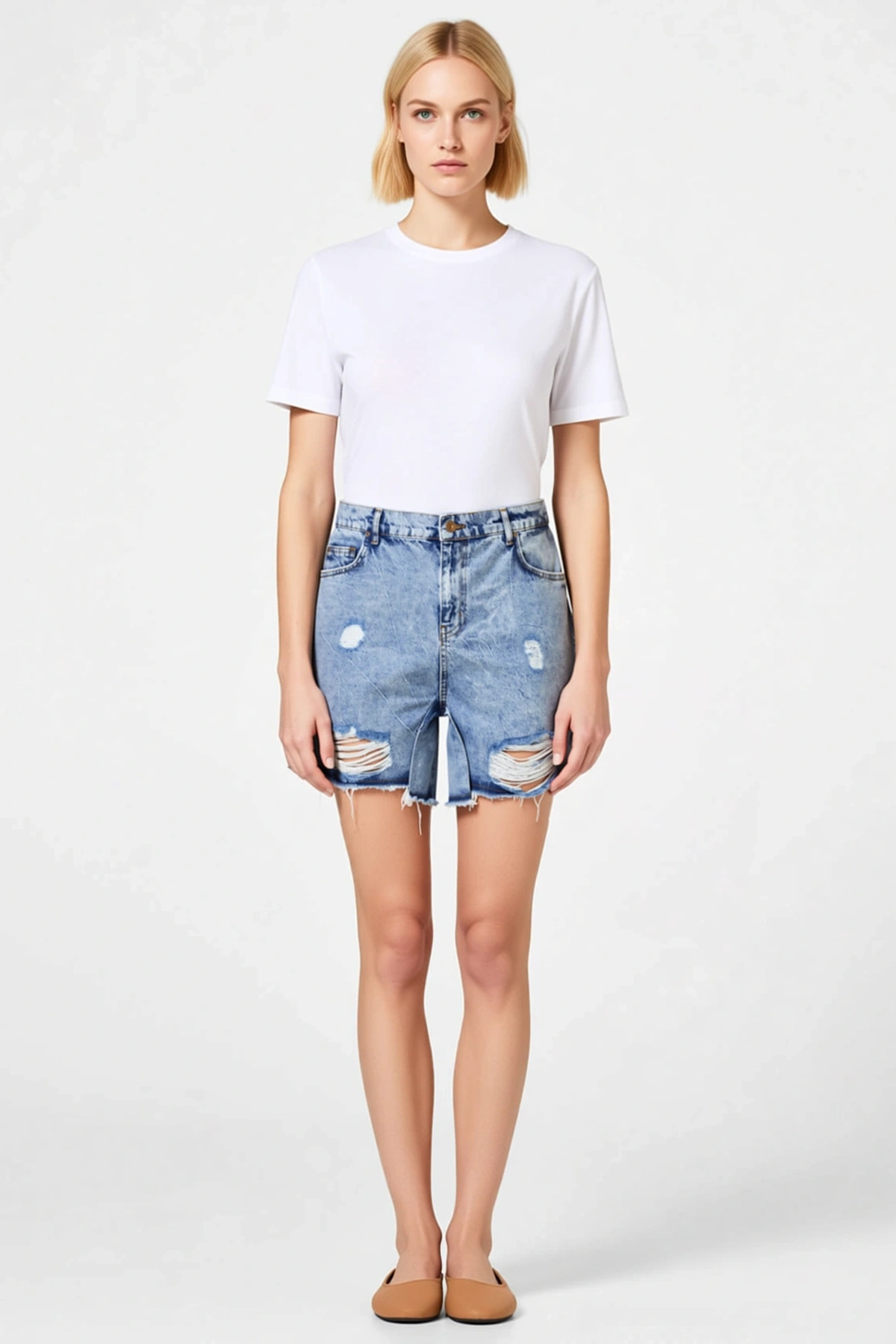 Kadın Mini Şort Yüksek Bel Yırtıklı Slim Kalıp Düz Desen Non Stretch Denim Dayanıklı