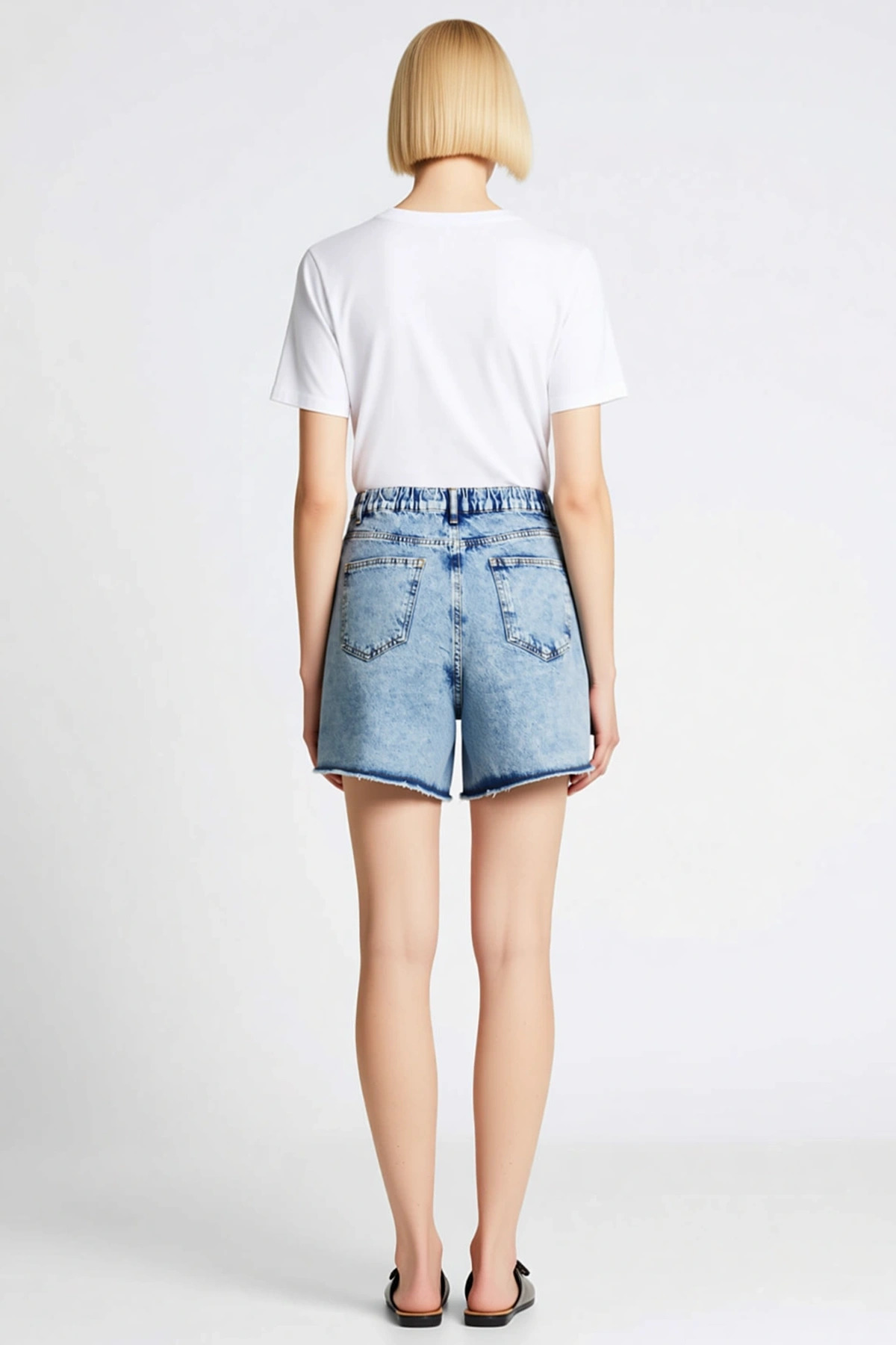 Kadın Mini Şort Yüksek Bel Yırtıklı Slim Kalıp Düz Desen Non Stretch Denim Dayanıklı