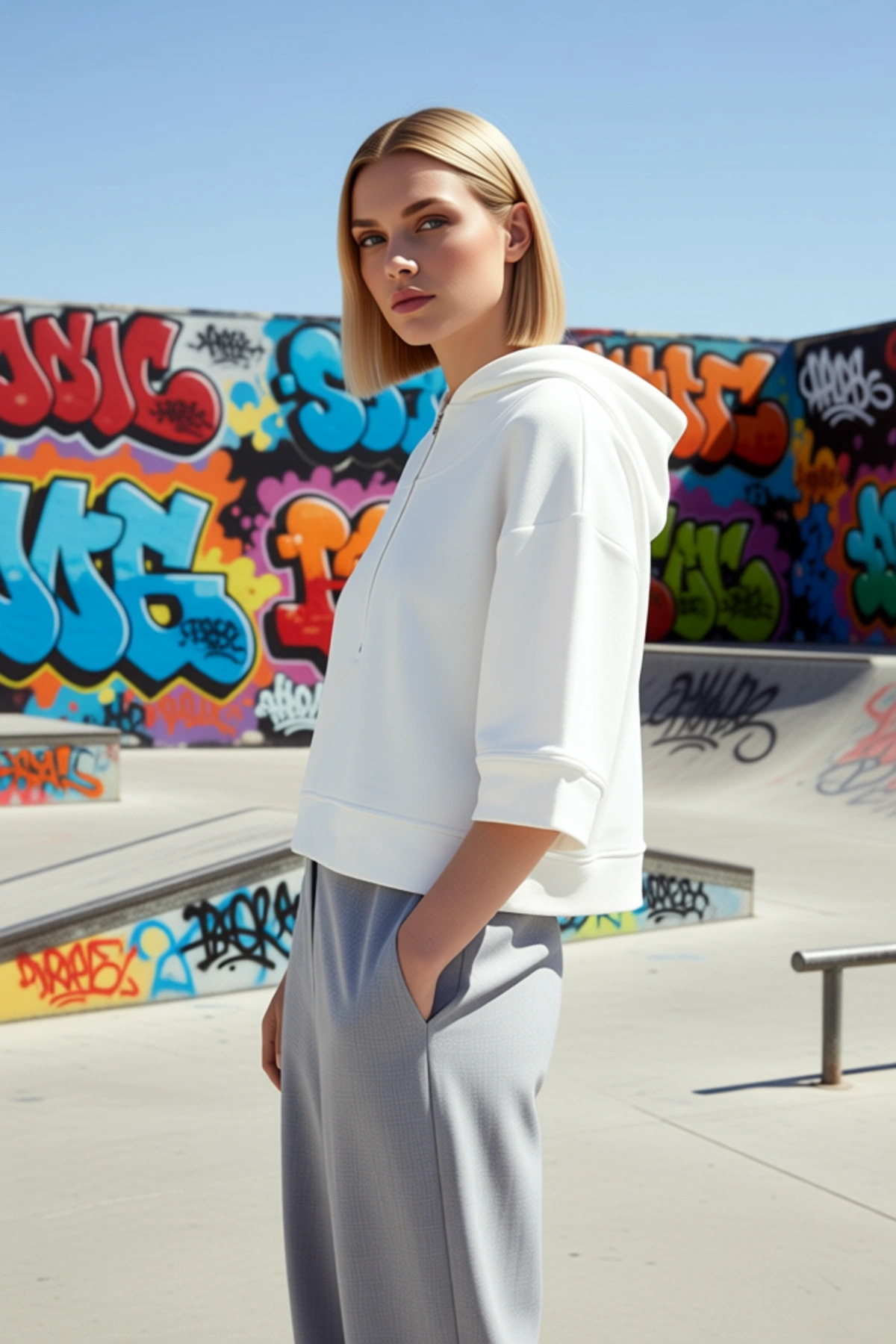 Kadın Kapüşonlu Truvakar Kol Fermuar Detaylı Oversize Sweatshirt Fonksiyonel Dayanıklı Şık