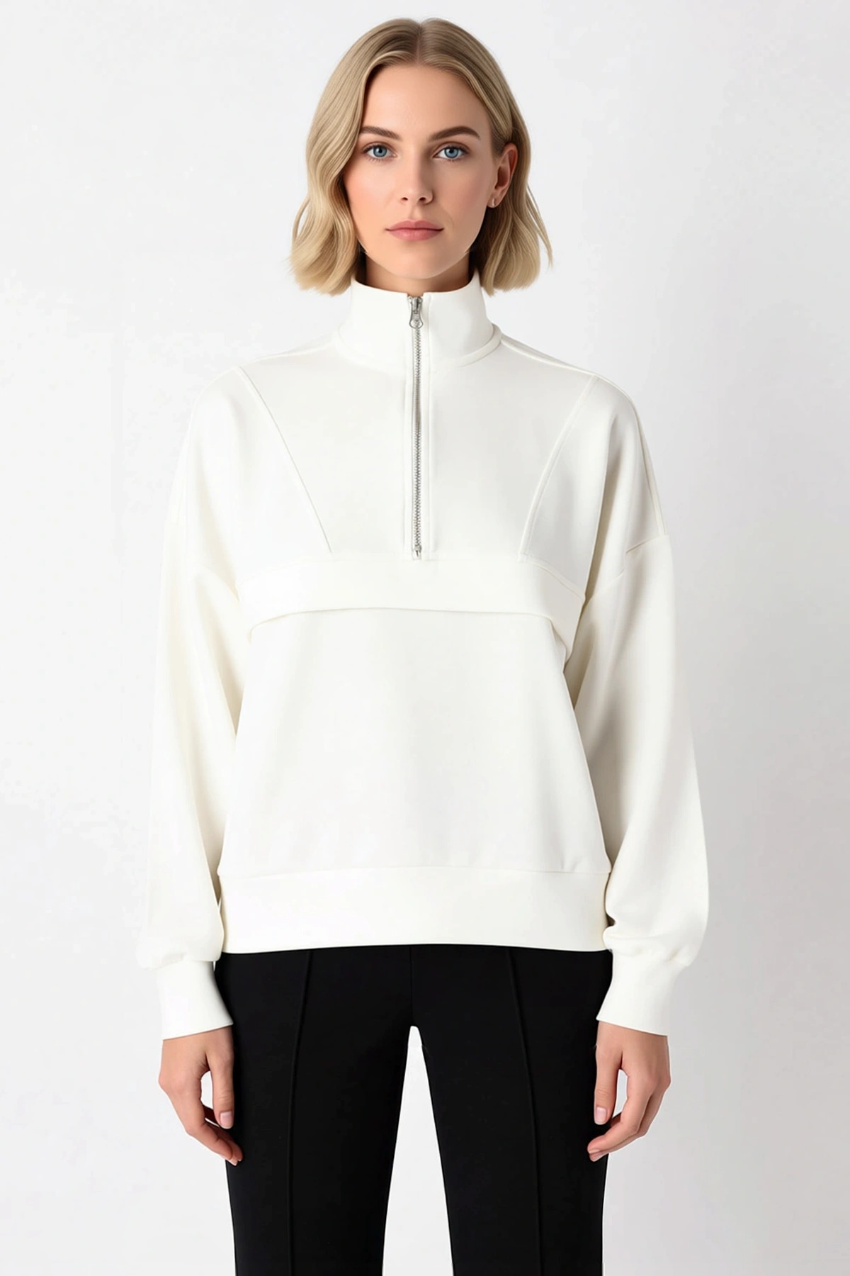 Kadın Dik Yaka Düşük Kol Fermuarlı Örme Sweatshirt Fonksiyonel Dayanıklı Kaliteli Konforlu