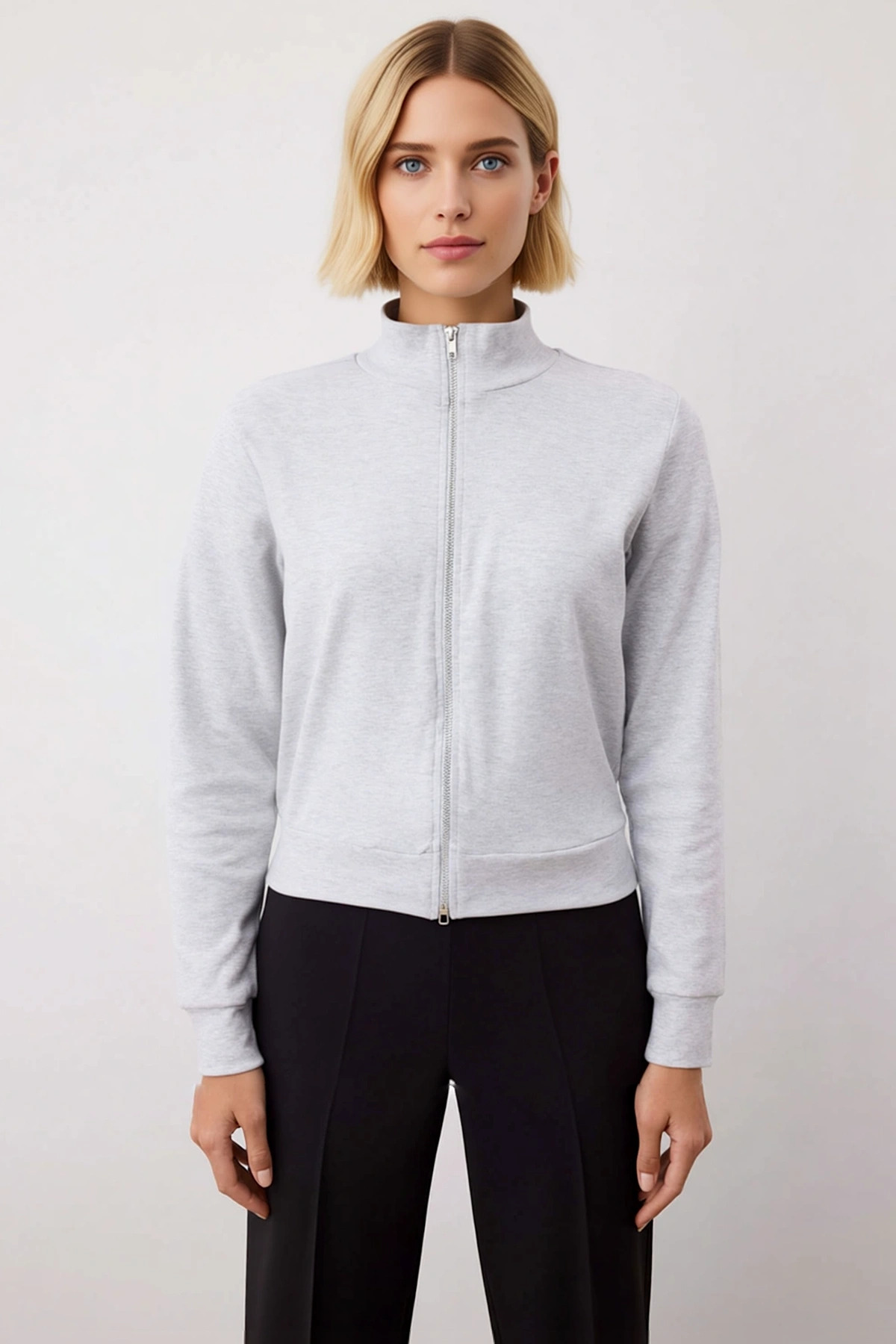 Kadın Dik Yaka Tam Fermuarlı Standart Kol Örme Sweatshirt Fonksiyonel Dayanıklı Kaliteli Şık