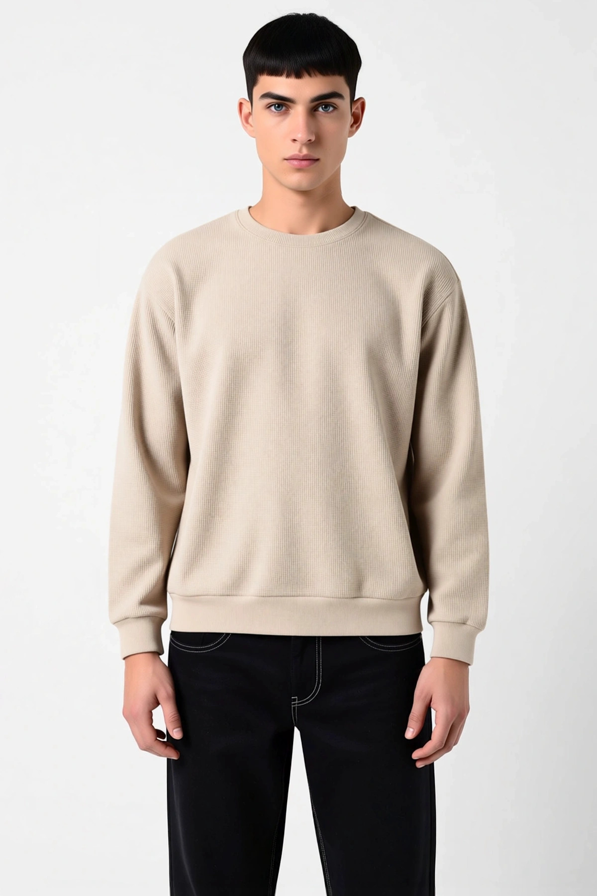 Erkek Bisiklet Yaka Standart Kol Oversize Waffle Dokuma Sweatshirt Fonksiyonel Dayanıklı Şık