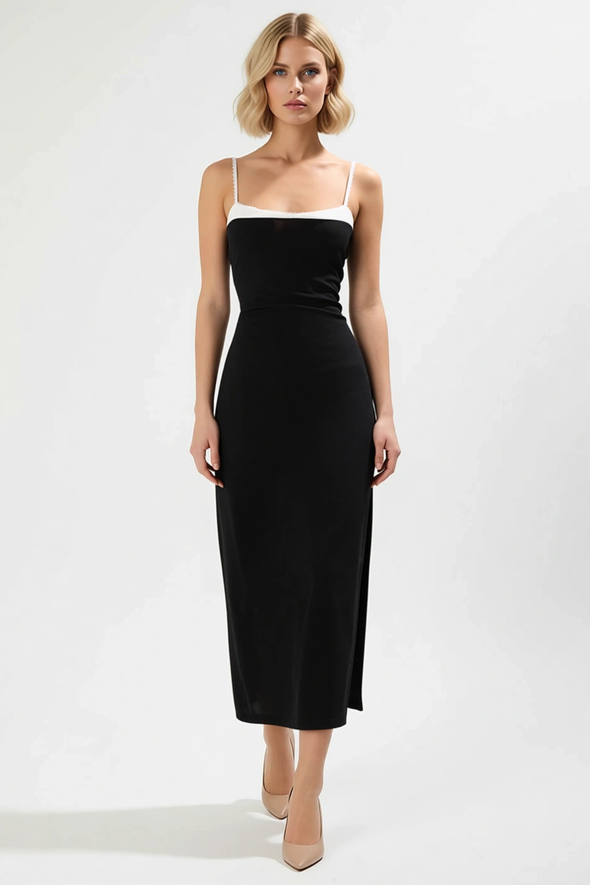 Kadın Kalp Yaka İnce Askılı Kolsuz Bodycon Kalıp Maxi Örme Elbise Fonksiyonel Dayanıklı Şık