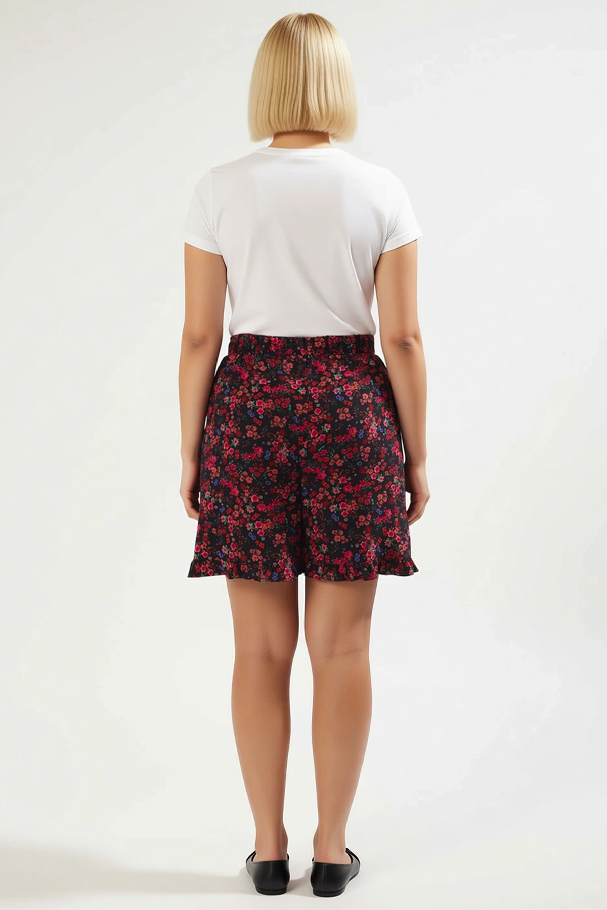 Kadın Büyük Beden Şort Etek Çiçekli Dokuma Bağlamalı Normal Bel Fermuarlı Kısa Boy Geniş Paça