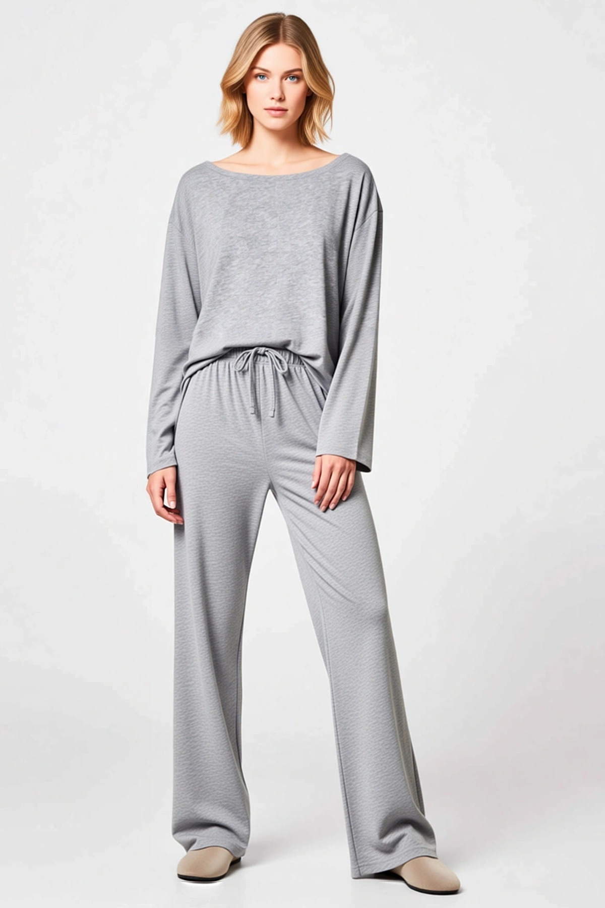 Kadın Bisiklet Yaka Reglan Kol Uzun Kollu Relaxed Kalıp Örme Pijama Takımı Fonksiyonel Şık