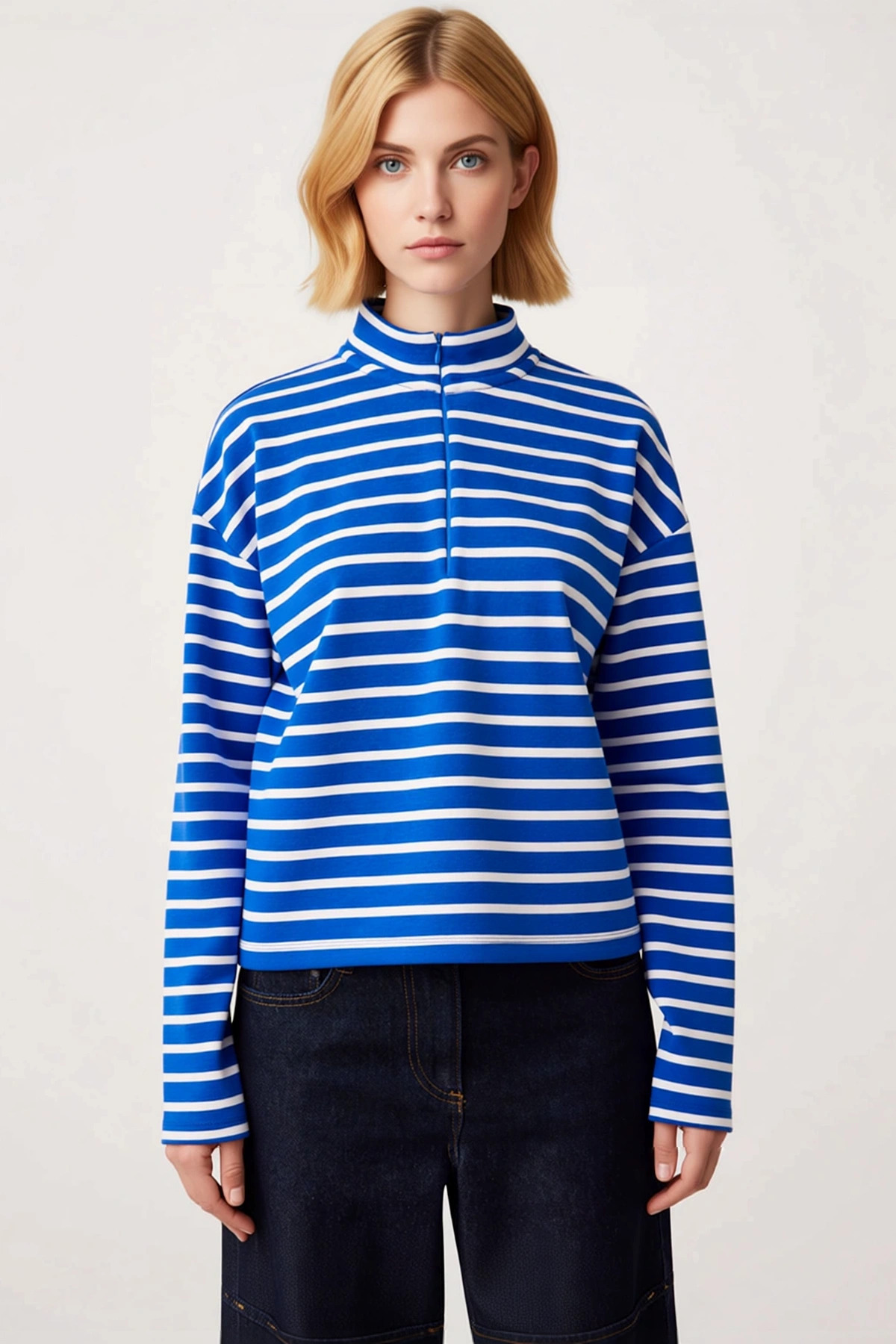 Kadın Dik Yaka Düşük Kol Çizgili İnce Örme Geniş Kalıp Sweatshirt Fonksiyonel Dayanıklı Şık