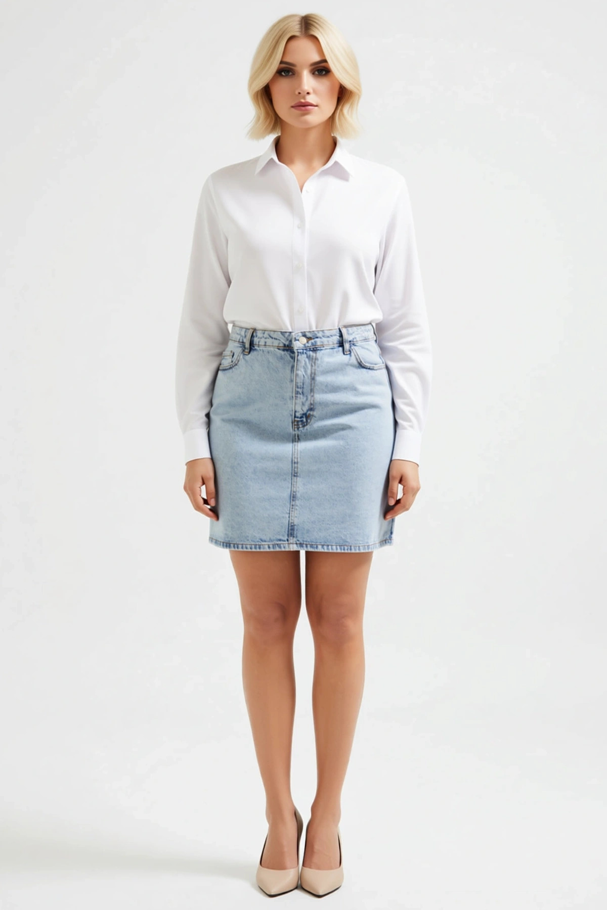 Kadın Büyük Beden Yüksek Bel A Kesim Mini Denim Etek %100 Pamuk Cepli Düğmeli Günlük Rahat Modern