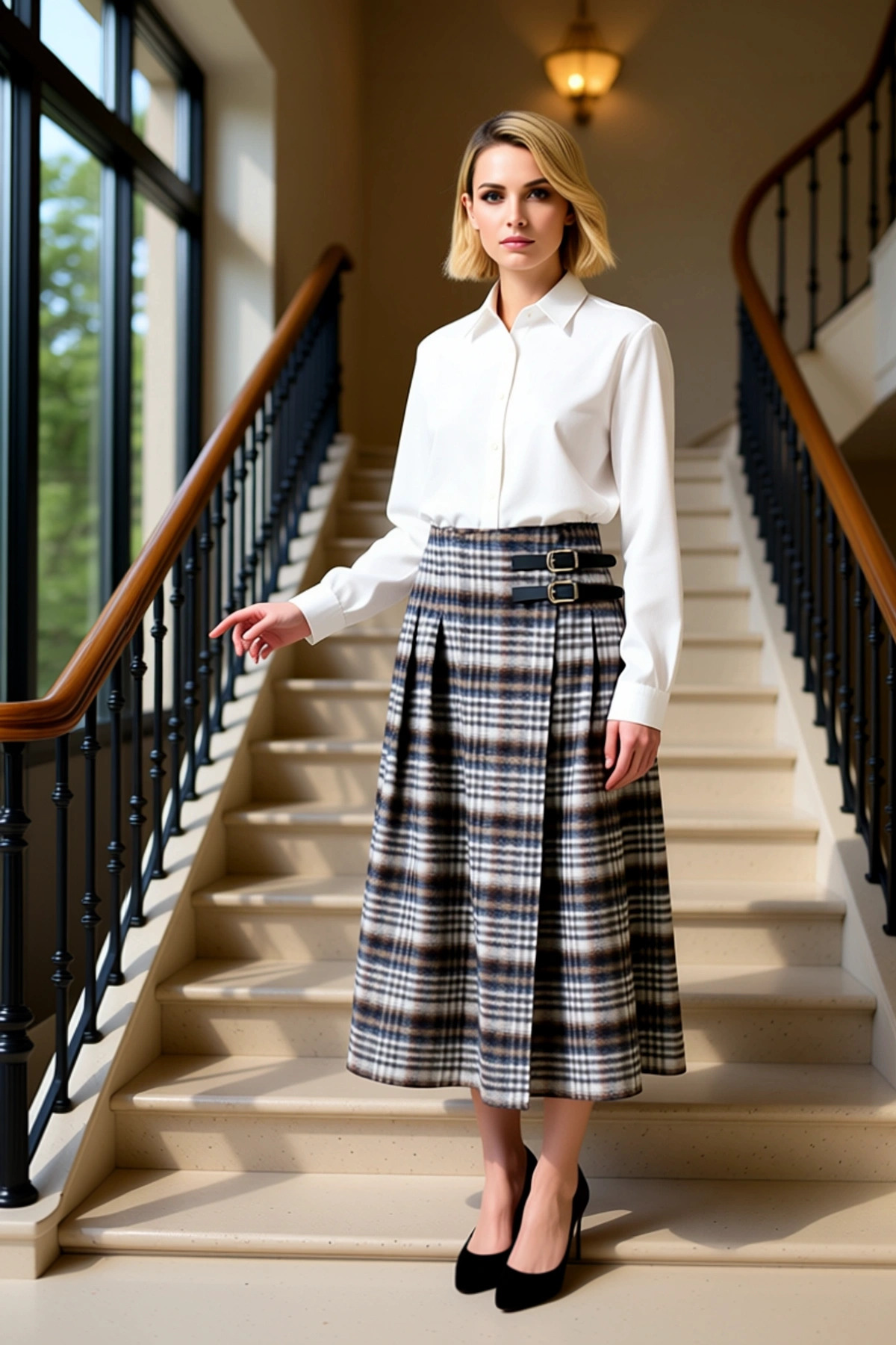 Kadın Maxi Etek Pileli Ekose Kemerli %46 Polyester %32 Pamuk %19 Viskoz %3 Likra Dayanıklı