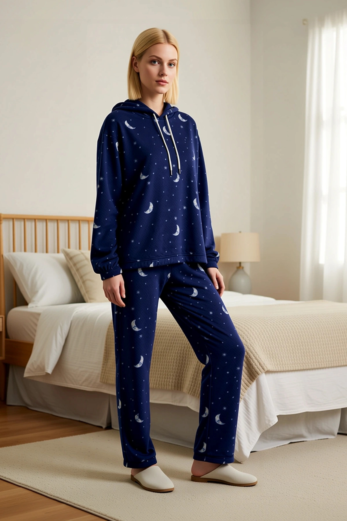 Kadın Kapüşonlu Standart Kol Regular Kalıp Polar Örme Pijama Takımı Fonksiyonel Dayanıklı Şık
