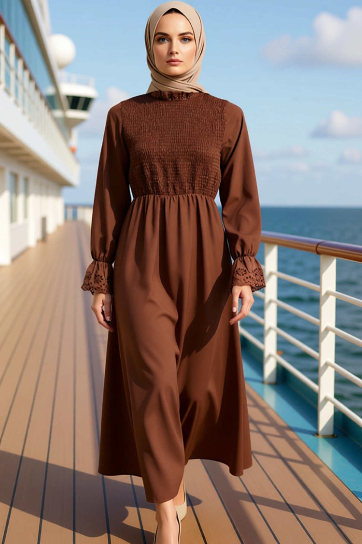 Alternative view of Kadın Dik Yaka Büzgülü Kol Düz Desen A line Dokuma Elbise Fonksiyonel Dayanıklı Kaliteli Şık