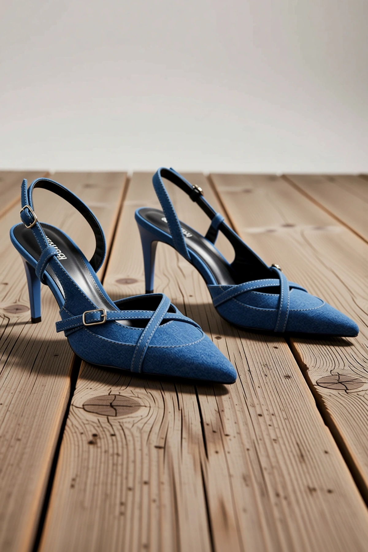 Kadın Sivri Burun Denim Slingback Topuklu Ayakkabı İnce Topuk Tokalı Detaylı Günlük Rahat Modern