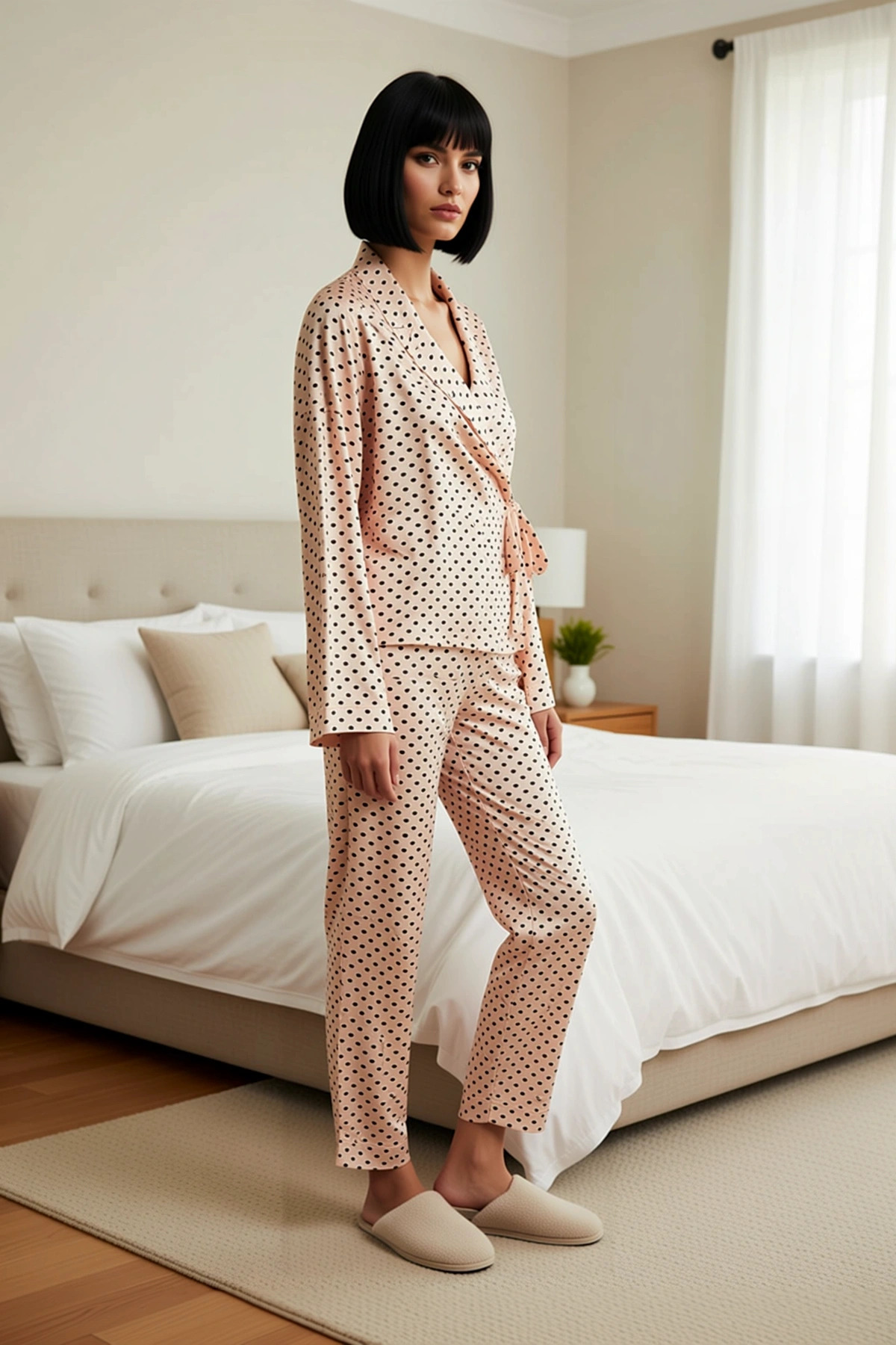 Kadın V Yaka Standart Kol Relaxed Kalıp Uzun Kollu Dokuma Pijama Takımı
