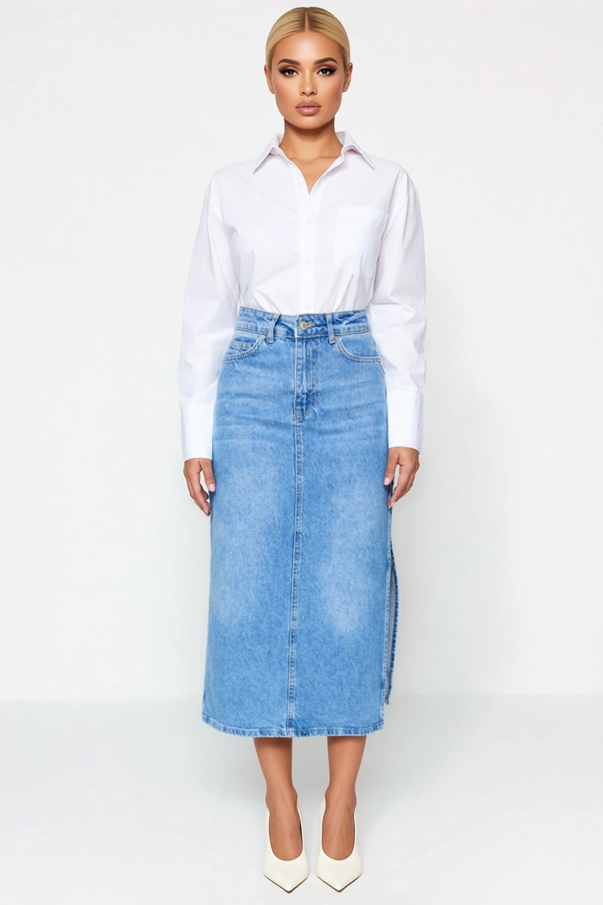 Kadın Yüksek Bel Maxi Denim Etek Yırtmaçlı Kalem Kalıp %100 Pamuk Fonksiyonel Dayanıklı Şık
