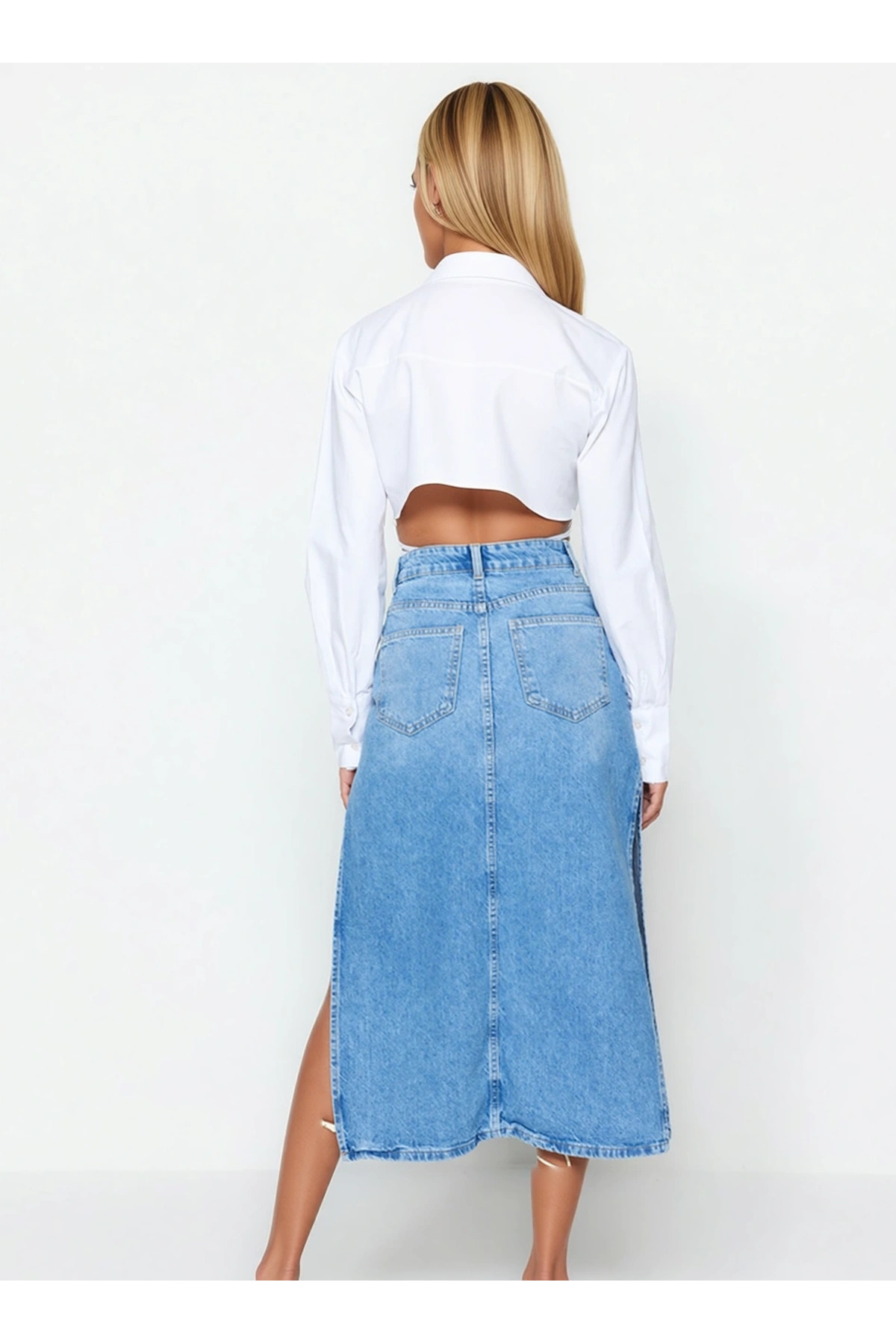 Kadın Yüksek Bel Maxi Denim Etek Yırtmaçlı Kalem Kalıp %100 Pamuk Fonksiyonel Dayanıklı Şık