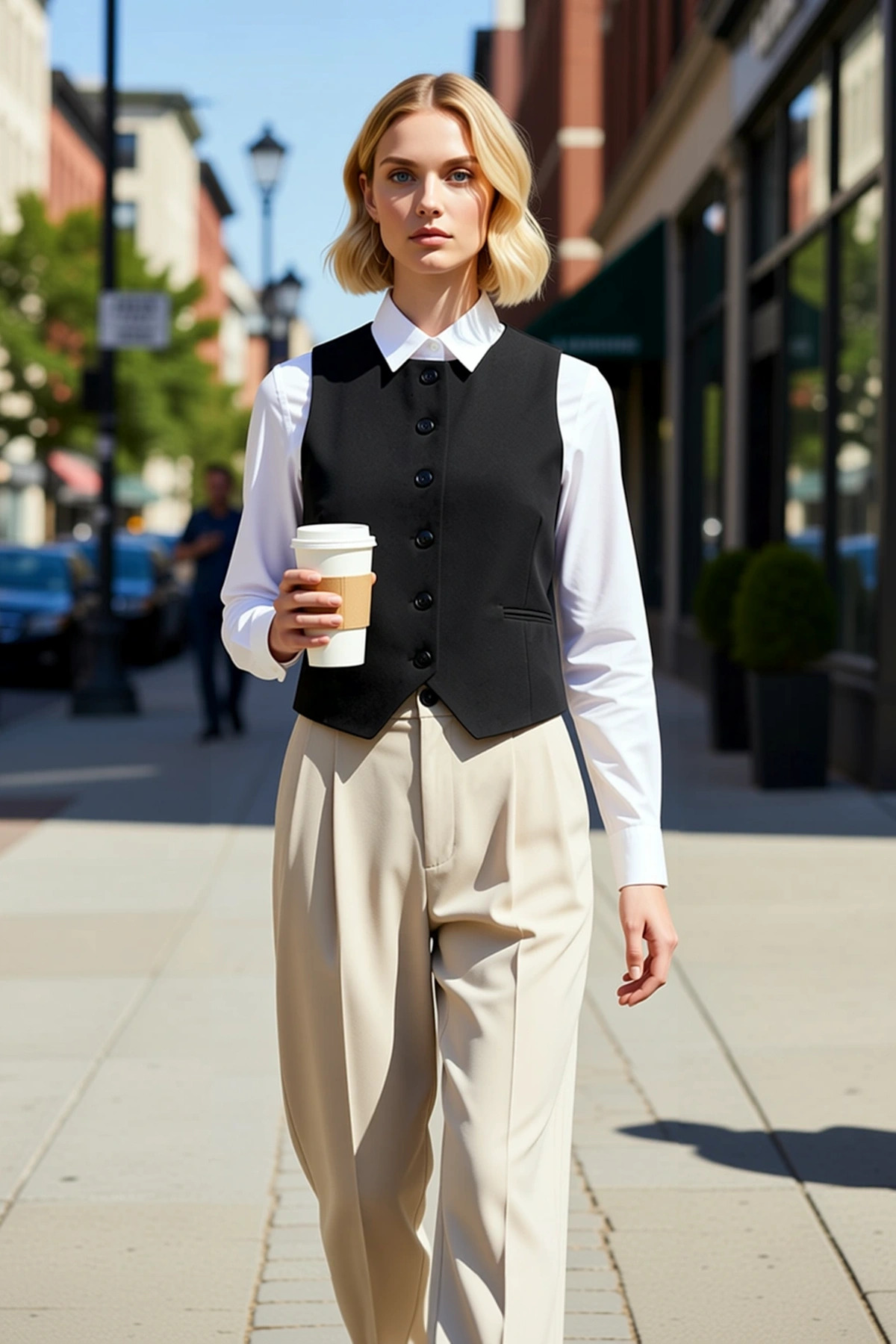 Alternative view of Kadın Bisiklet Yaka Kolsuz Fitted Crop Dokuma Kumaş Yelek Düz Desen Astarlı Basic Siluet Modern