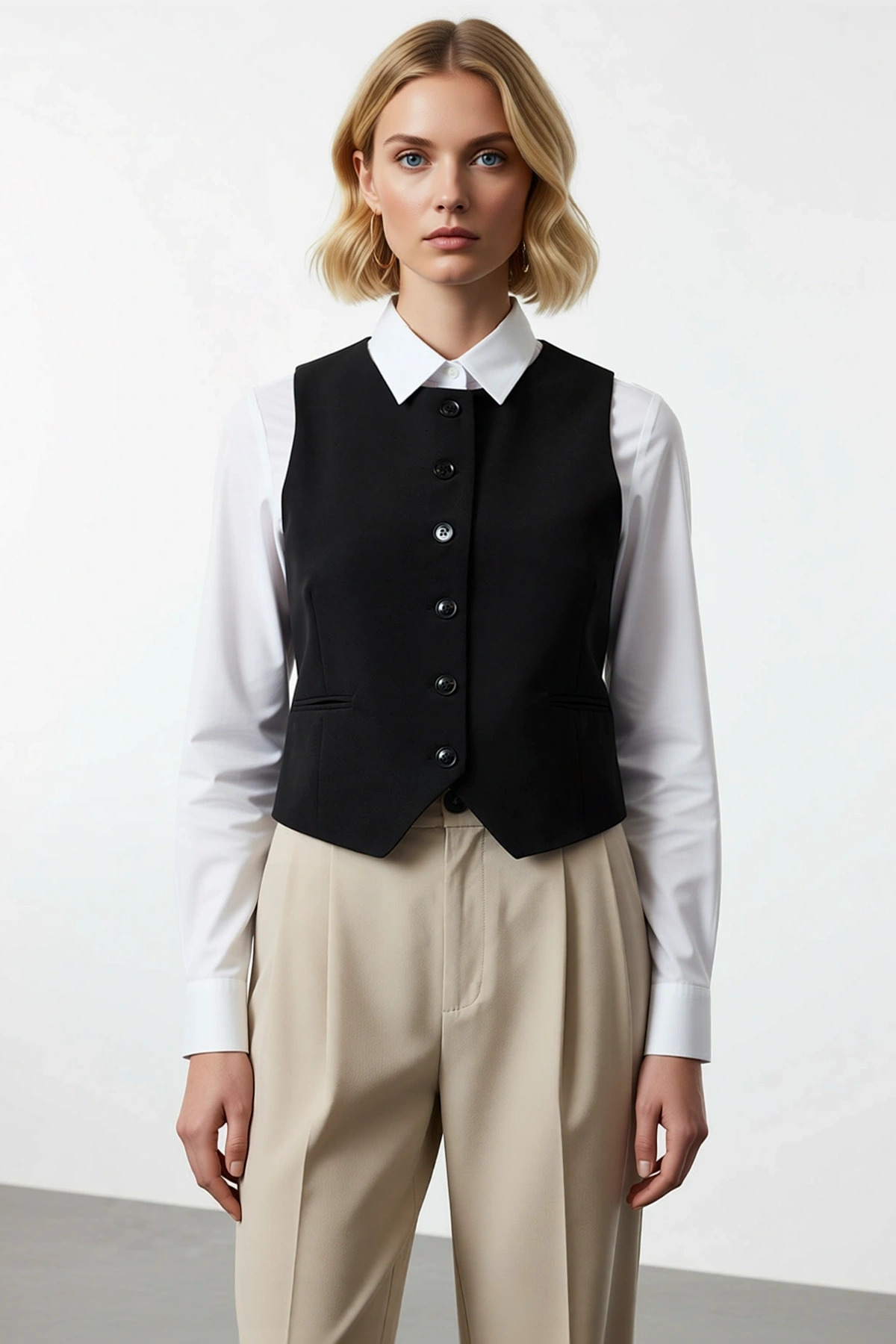 Kadın Bisiklet Yaka Kolsuz Fitted Crop Dokuma Kumaş Yelek Düz Desen Astarlı Basic Siluet Modern