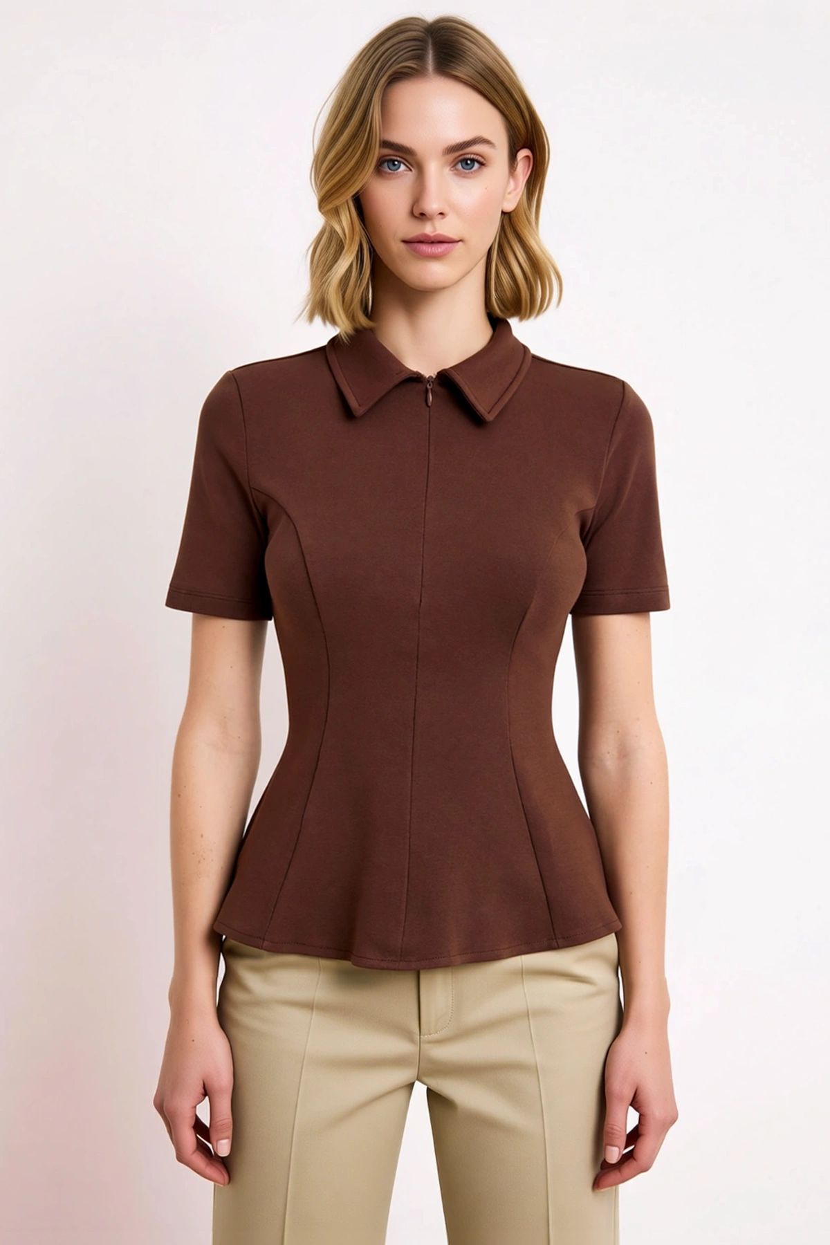 Kadın Bluz Peplum Polo Yaka Kısa Kol İnterlok Örme Düz Desen Yarım Pat Fermuar Kapamalı Regular