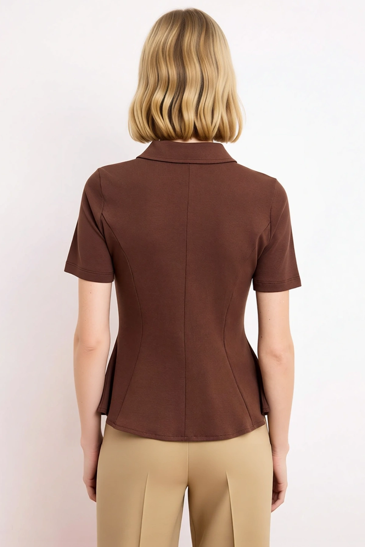 Kadın Bluz Peplum Polo Yaka Kısa Kol İnterlok Örme Düz Desen Yarım Pat Fermuar Kapamalı Regular