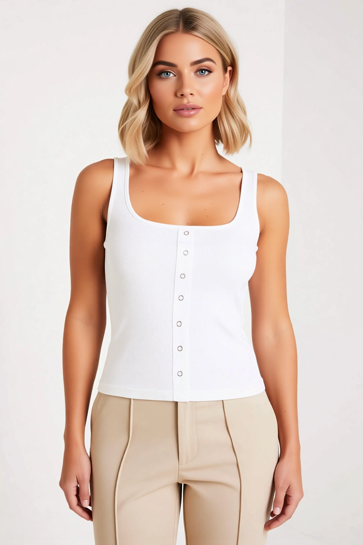 Kadın Bluz Crop Kare Yaka Kolsuz Fitted Kaşkorse Örme Çıtçıt Detaylı Düz Desenli Esnek Şık