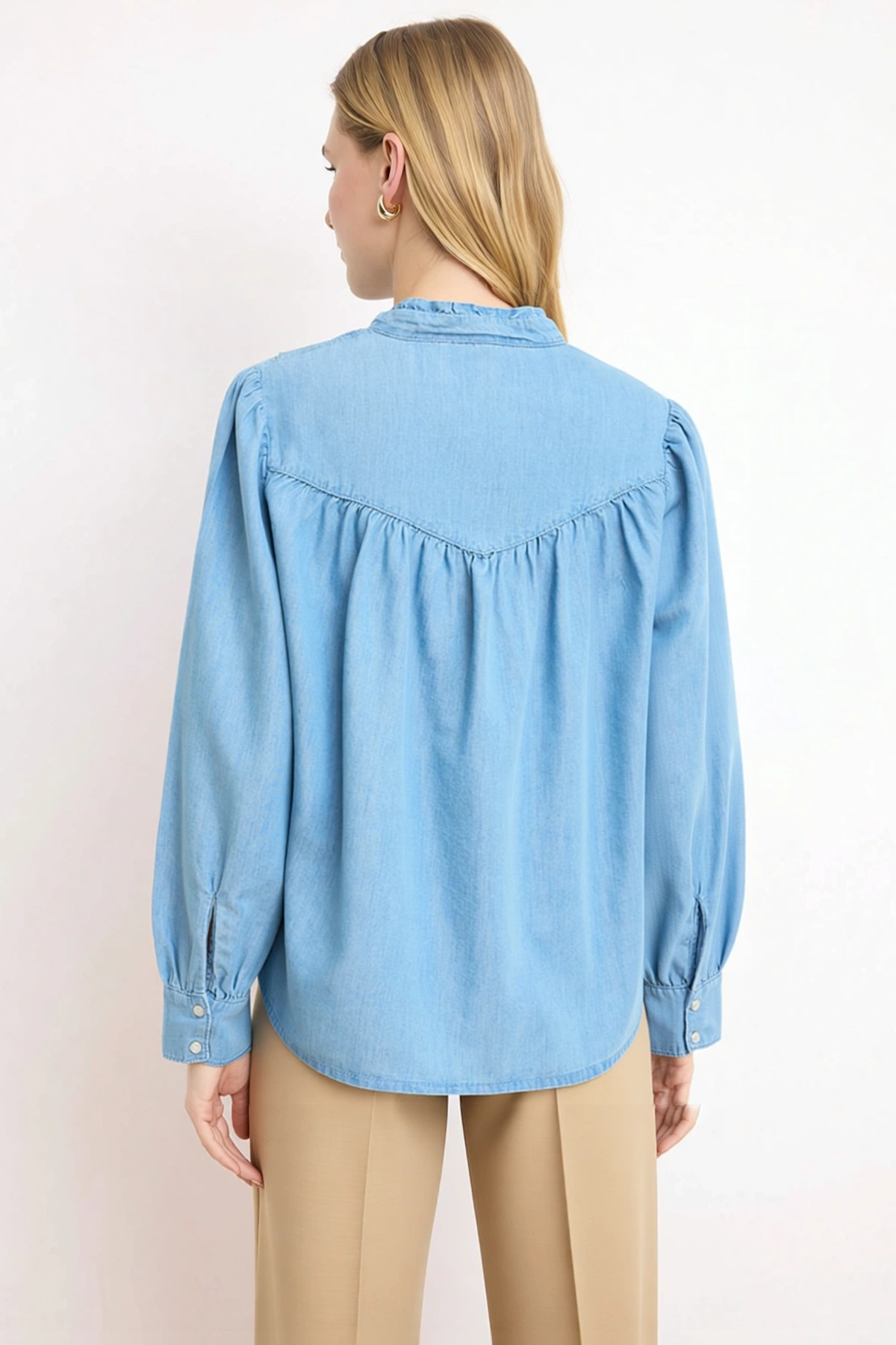 Kadın Bluz Relaxed Fit Yaka Uzun Kol Denim Kumaş Bağlama Detaylı Düz Desen Casual Ortam
