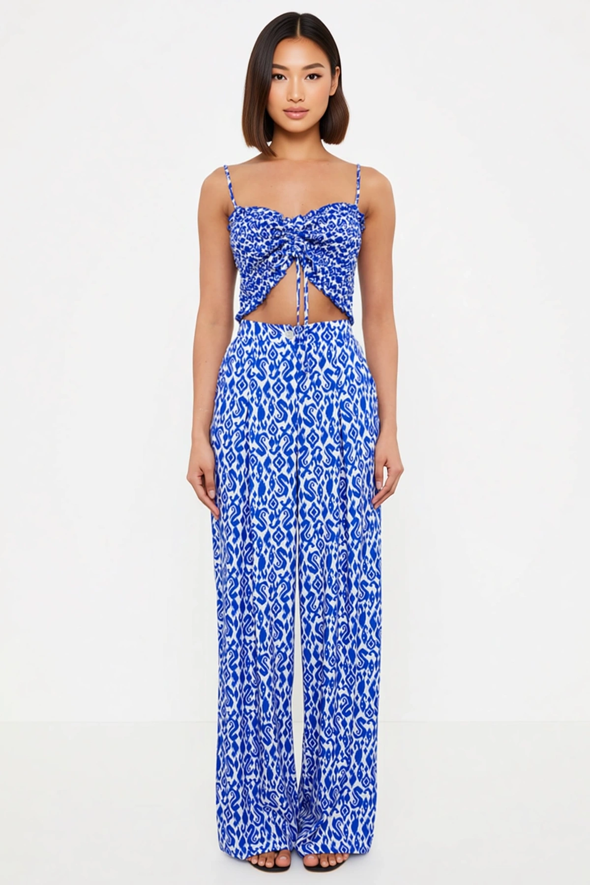Kadın Büyük Beden Etnik Desenli Crop Top Gipeli Straplez Bluz Geniş Paça Pantolon Takımı Günlük