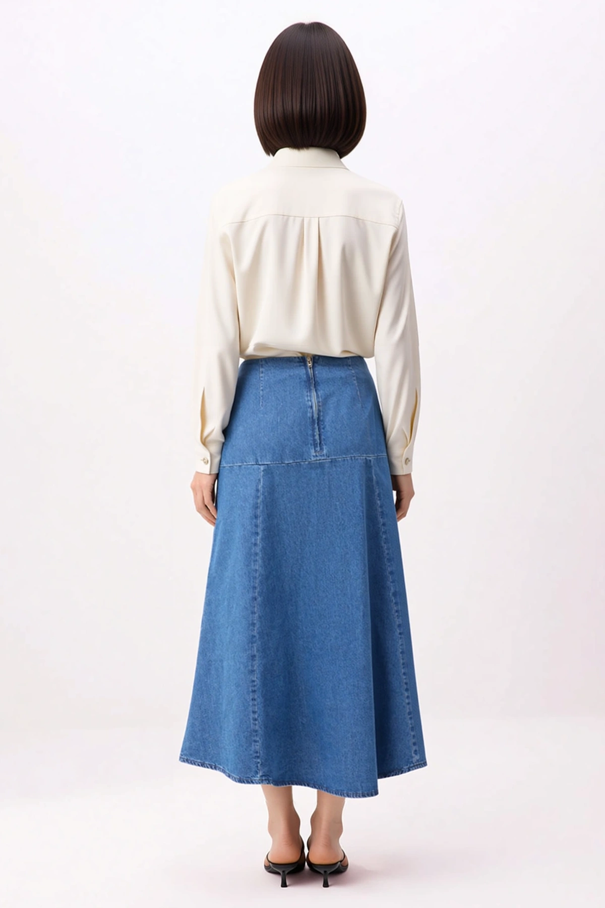 Kadın A-Line Midi Denim Etek Dikiş Detaylı %100 Pamuk Dökümlü Kesim Rahat Günlük Modern Şık Konforlu