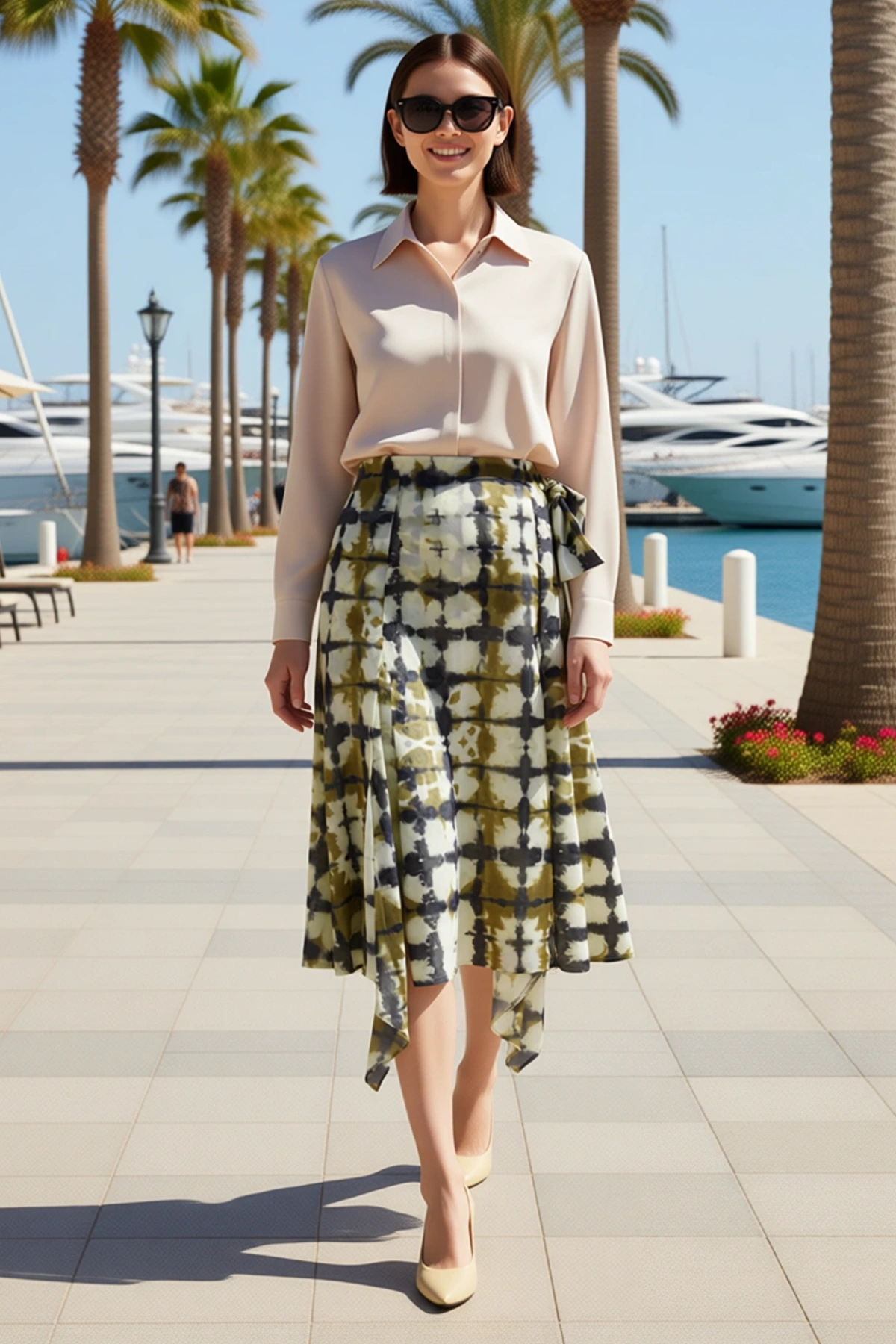 Kadın Midi Boy Sarong Kesim Şifon Etek Ekose Desen Astarlı Polyester Rahat Konforlu Günlük Modern