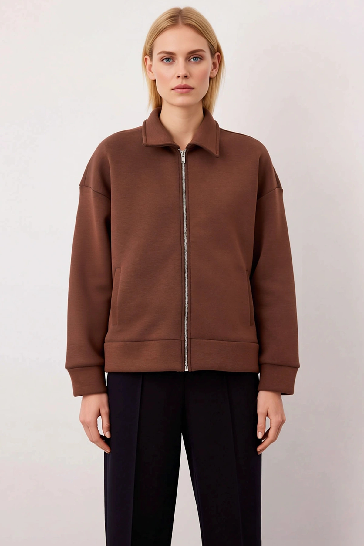 Kadın Polo Yaka Fermuarlı Oversize Sweatshirt Uzun Kol Fonksiyonel Dayanıklı Kaliteli Spor
