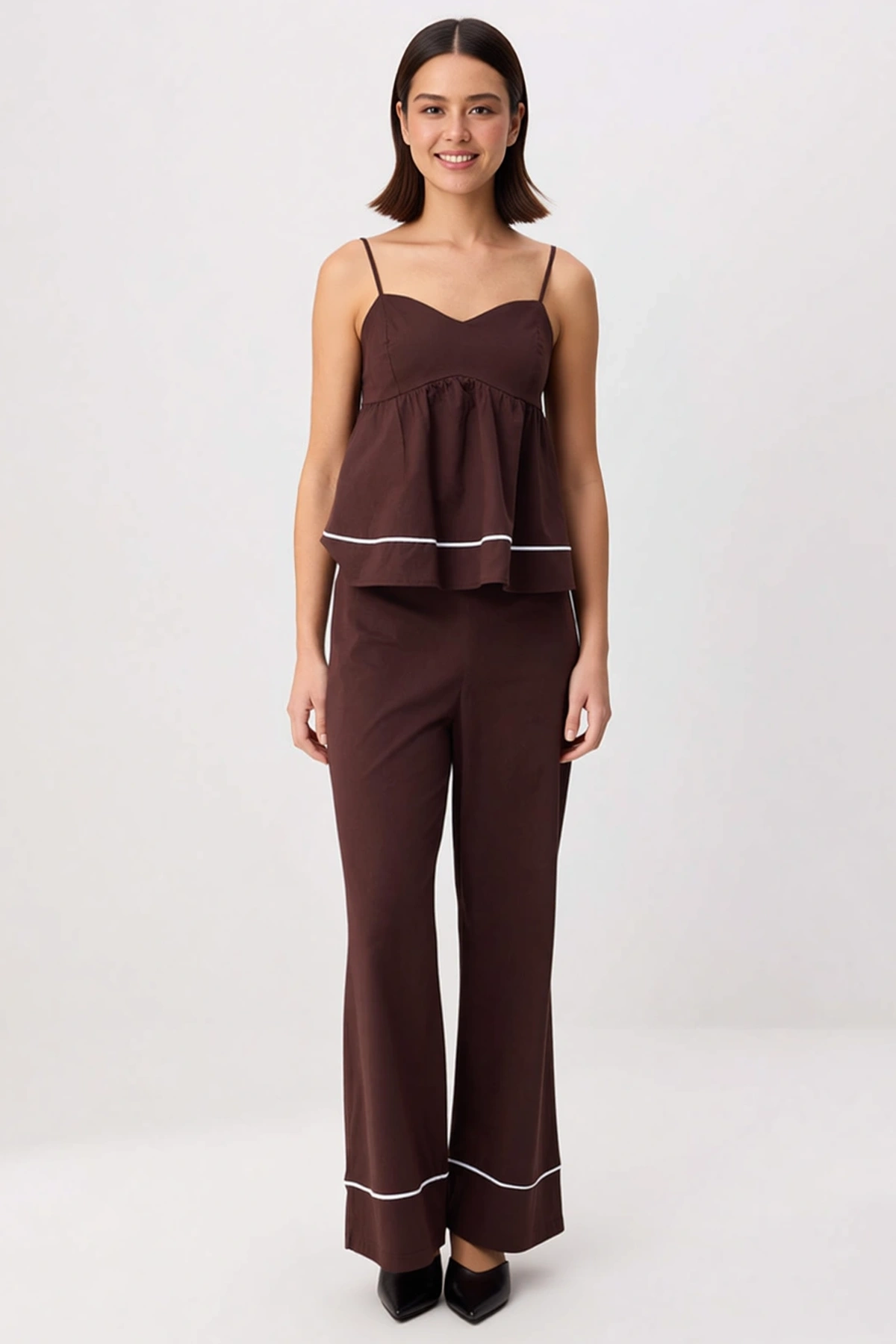 Kadın Büyük Beden Askılı Peplum Bluz Düz Kesim Pantolon Dokuma Takım Poplin Günlük Rahat Modern