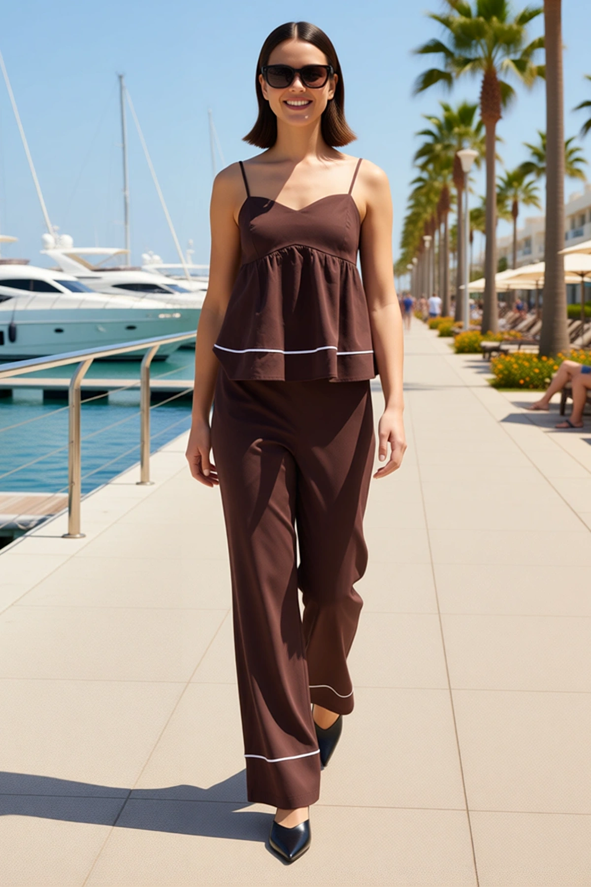 Kadın Büyük Beden Askılı Peplum Bluz Düz Kesim Pantolon Dokuma Takım Poplin Günlük Rahat Modern