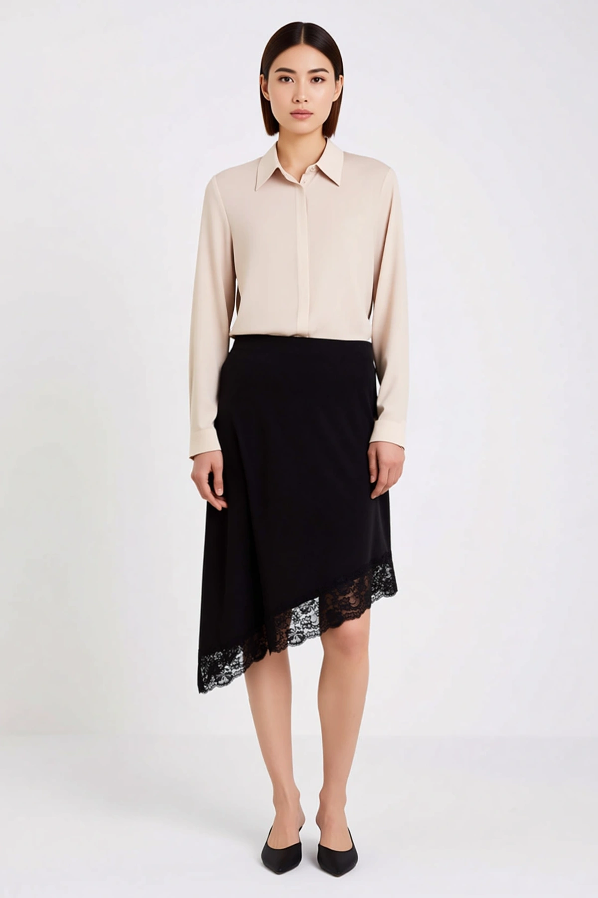 Kadın Midi Etek Asimetrik Kesim Dantel Şerit Detaylı Esnek Örme Kumaş Rahat Günlük Modern Şık Zarif