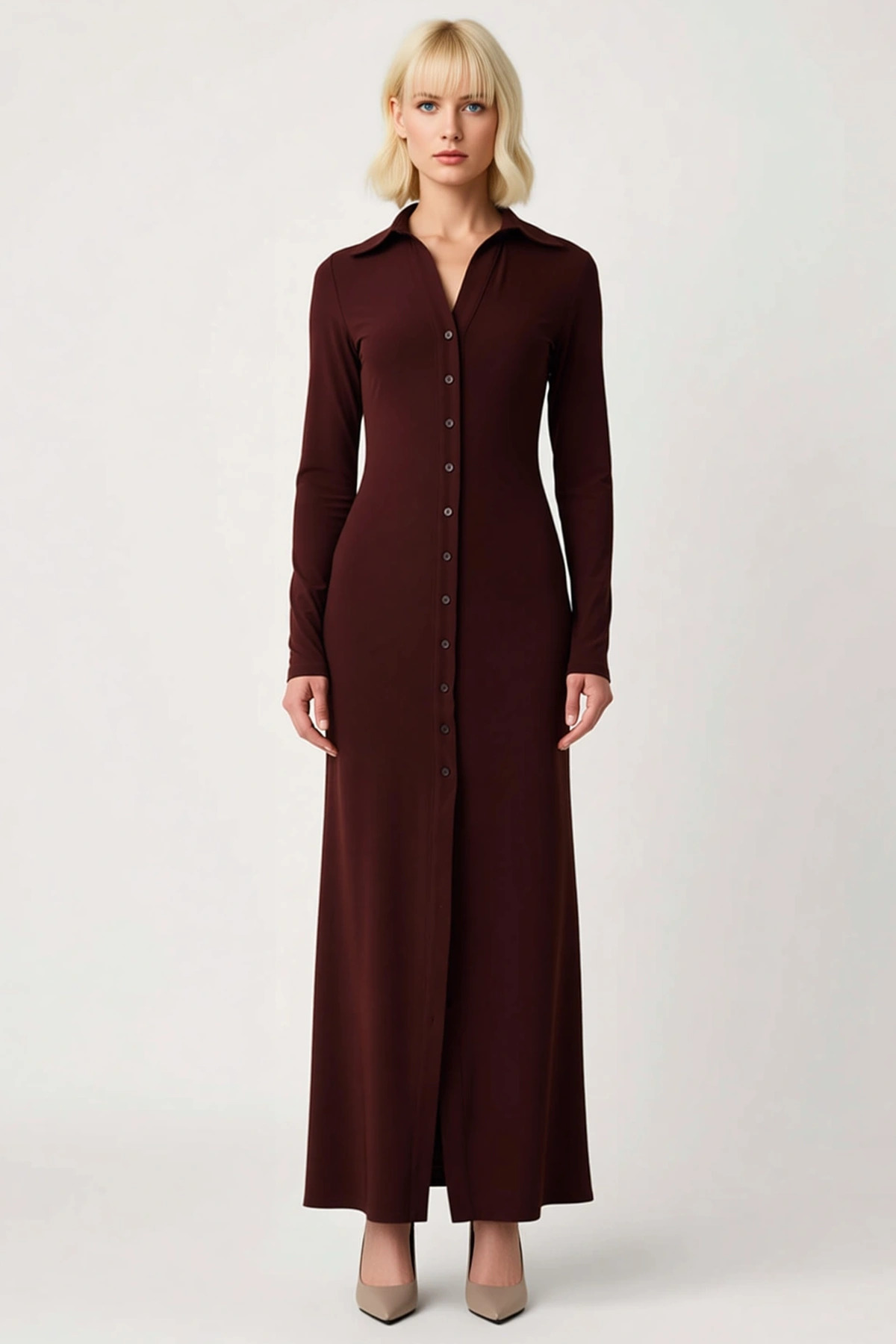 Kadın Polo Yaka Uzun Kol Bodycon Kalın Sandy Örme Maxi Elbise Fonksiyonel Dayanıklı Modern
