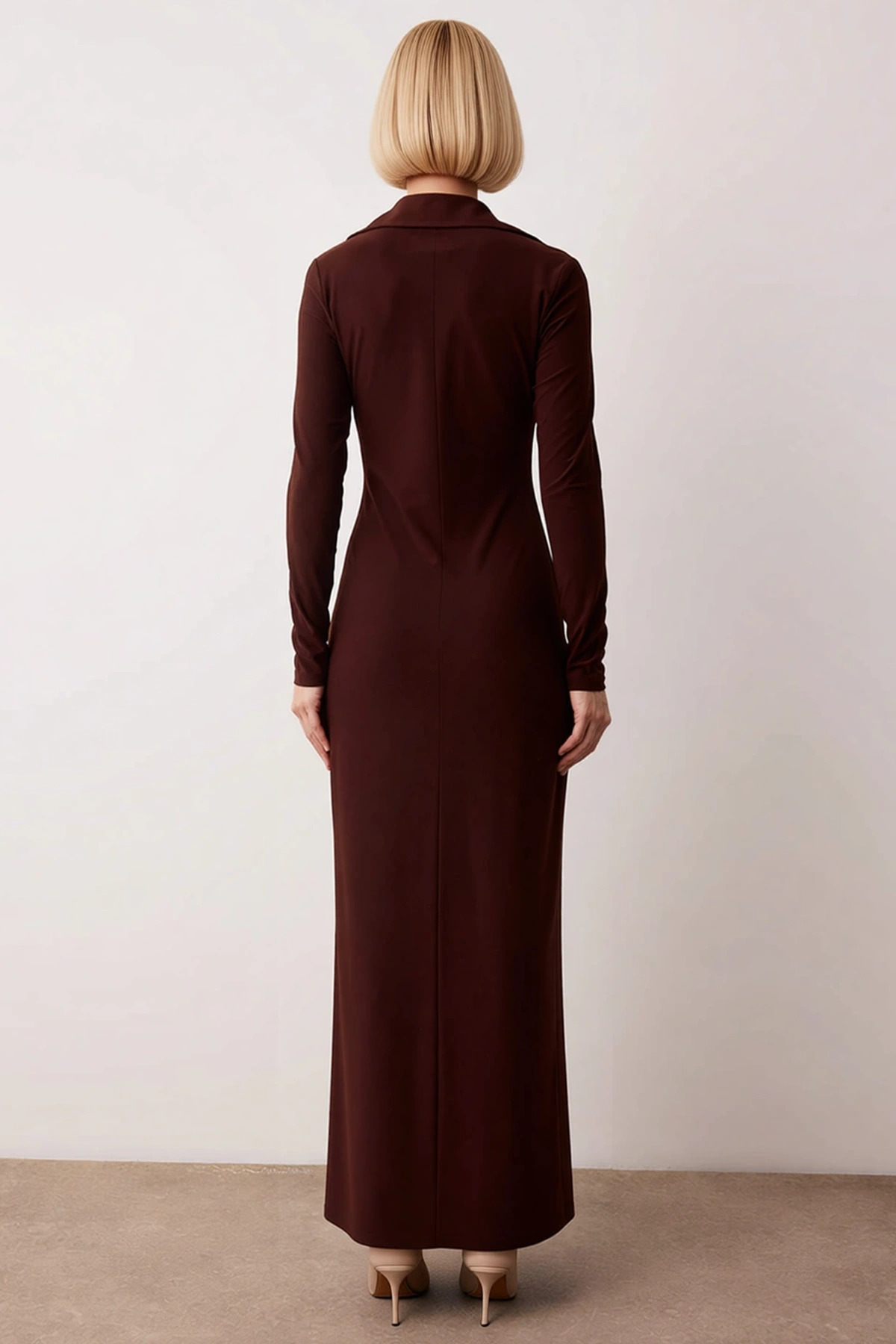 Kadın Polo Yaka Uzun Kol Bodycon Kalın Sandy Örme Maxi Elbise Fonksiyonel Dayanıklı Modern