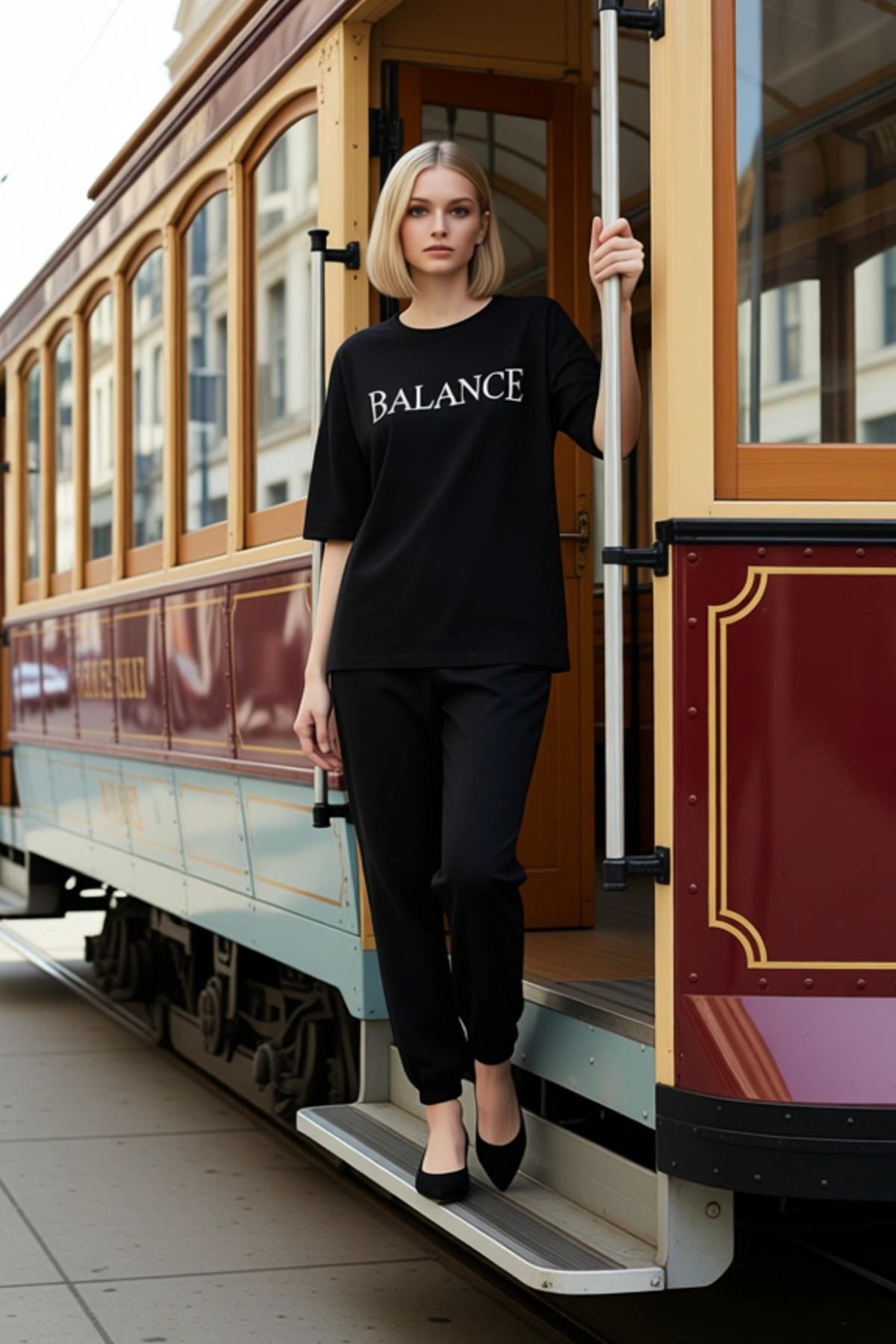 Kadın Alt Üst Örme Kumaş Slogan Baskılı T shirt Lastikli Paça Eşofman Altı Takımı Rahat Günlük Giyim