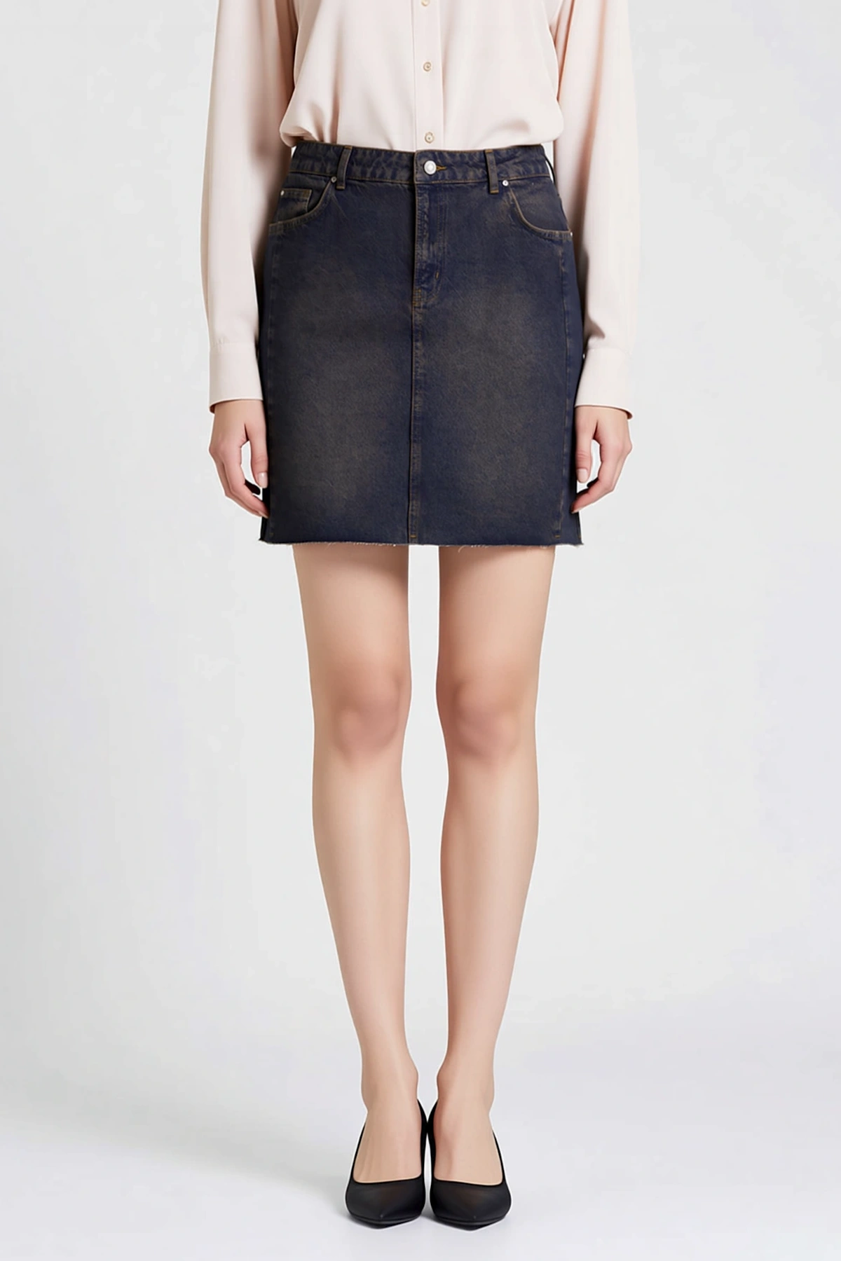 Kadın Büyük Beden Yüksek Bel Mini Denim Etek %100 Pamuk A Line Kesim Vintage Soluk Efekt Günlük